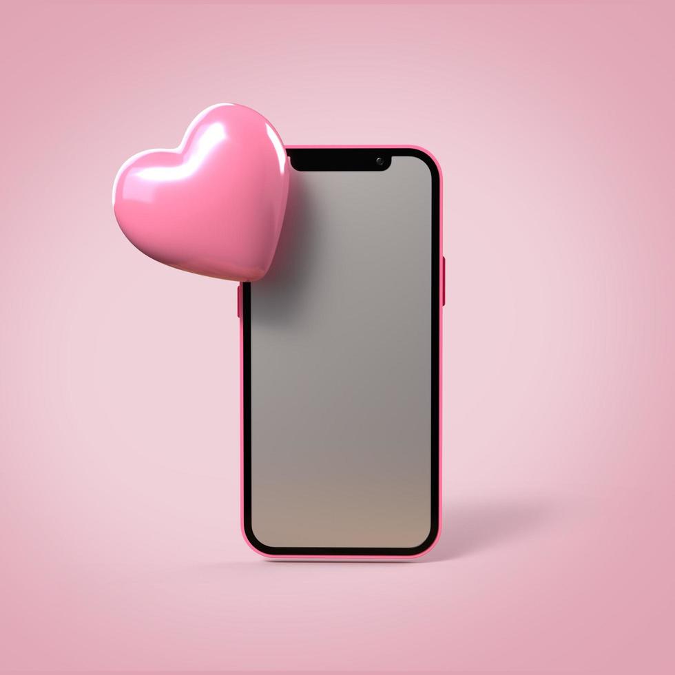 3D render virtual love phone and heart object pink color, date, wedding photo