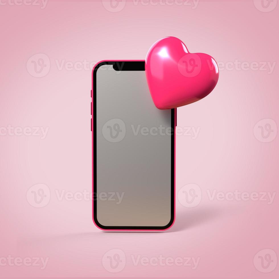 3D render virtual love phone and heart object pink color, date, wedding photo