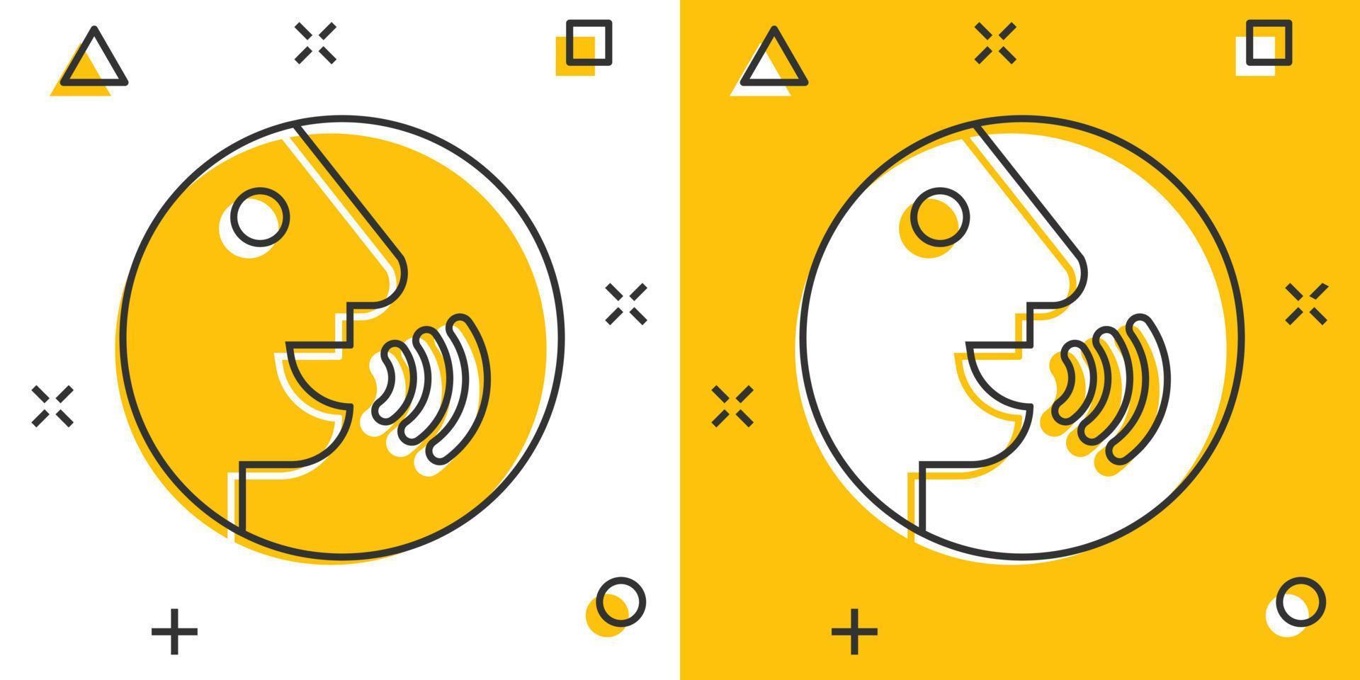 Voice command with sound waves icon in comic style. Speak control vector cartoon illustration pictogram. Speaker people business concept splash effect.