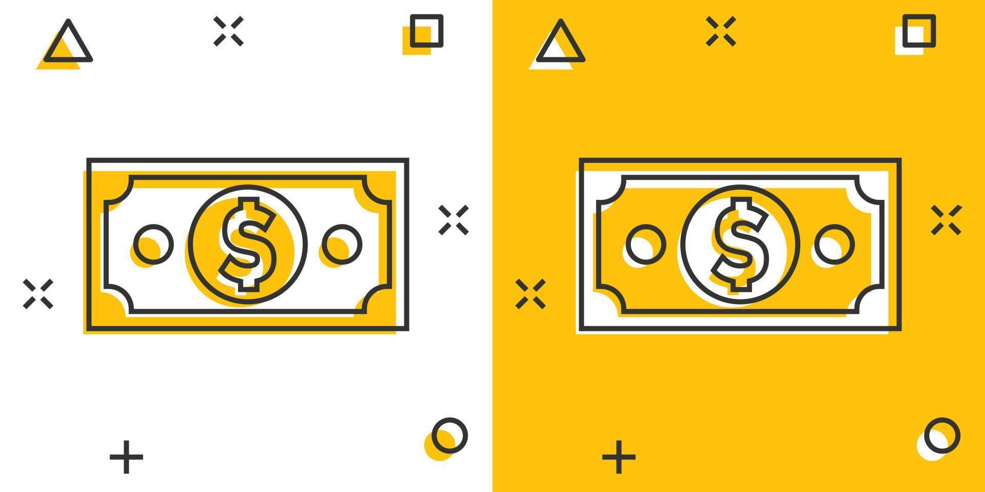 icono de billete de dólar en estilo cómico. Pictograma de ilustración de dibujos animados de vector de efectivo en dólares. efecto de salpicadura del concepto de negocio de billetes de banco.