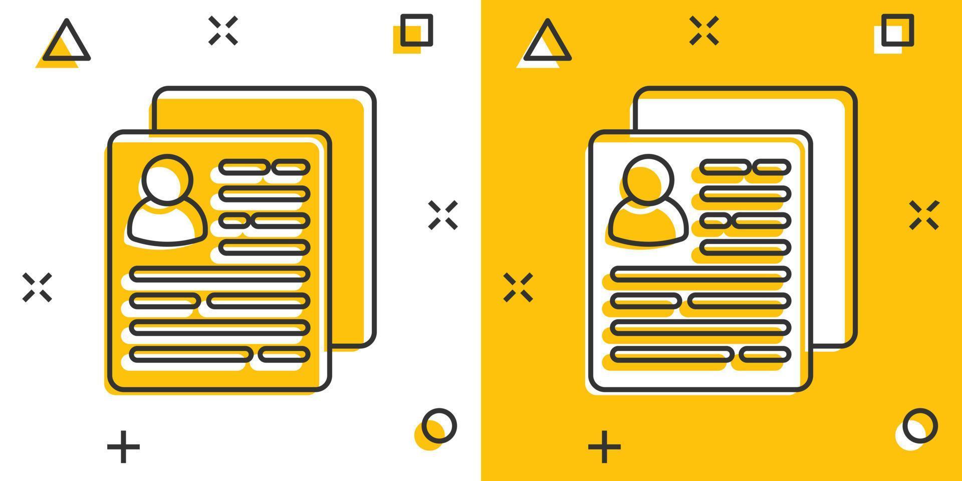 Resume icon in comic style. Contract document vector cartoon illustration pictogram. Resume business concept splash effect.