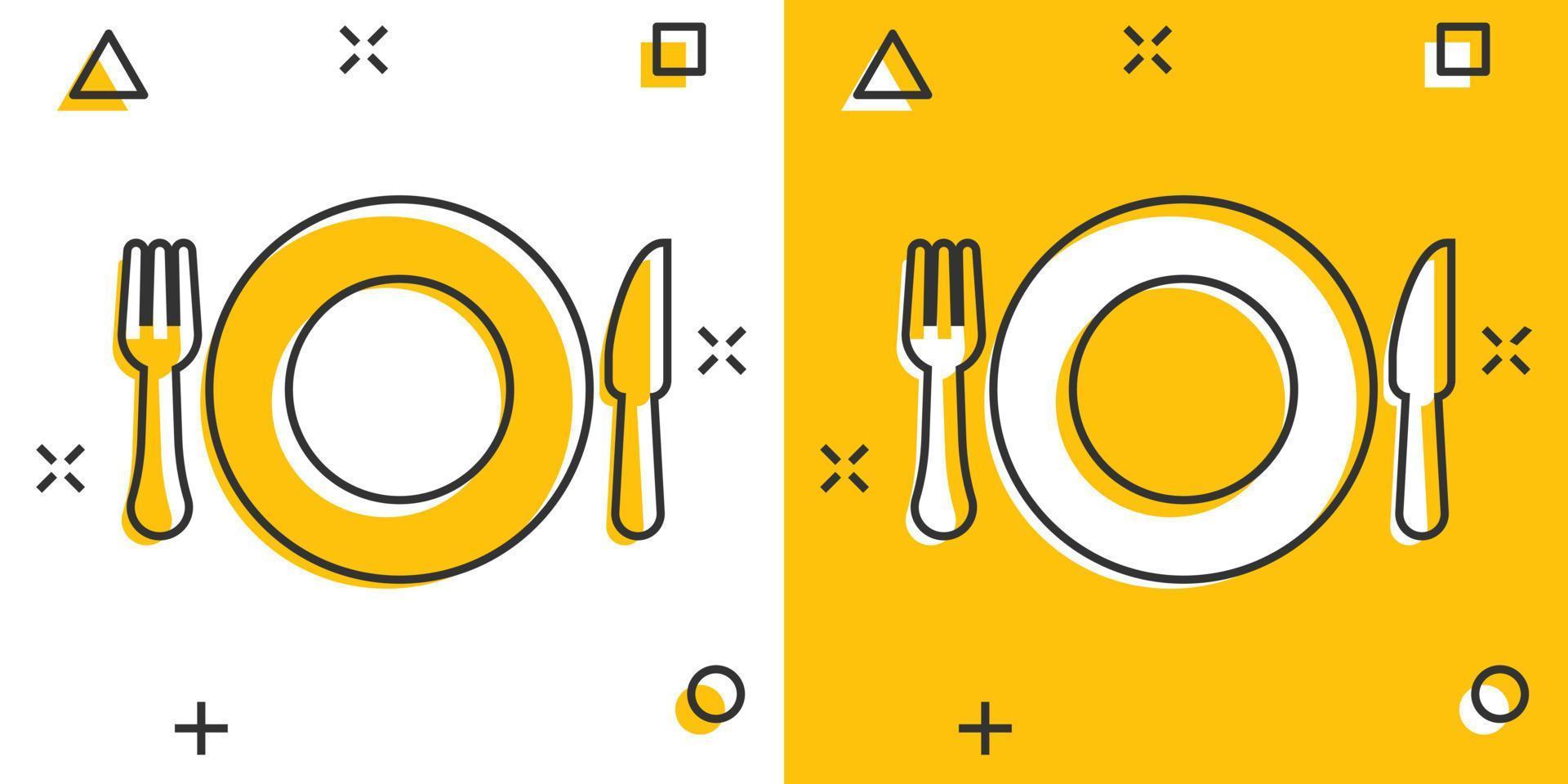 icono de restaurante de tenedor y cuchillo en estilo cómico. Pictograma de ilustración de dibujos animados de vector de equipo de cena. efecto de salpicadura de concepto de negocio de restaurante.