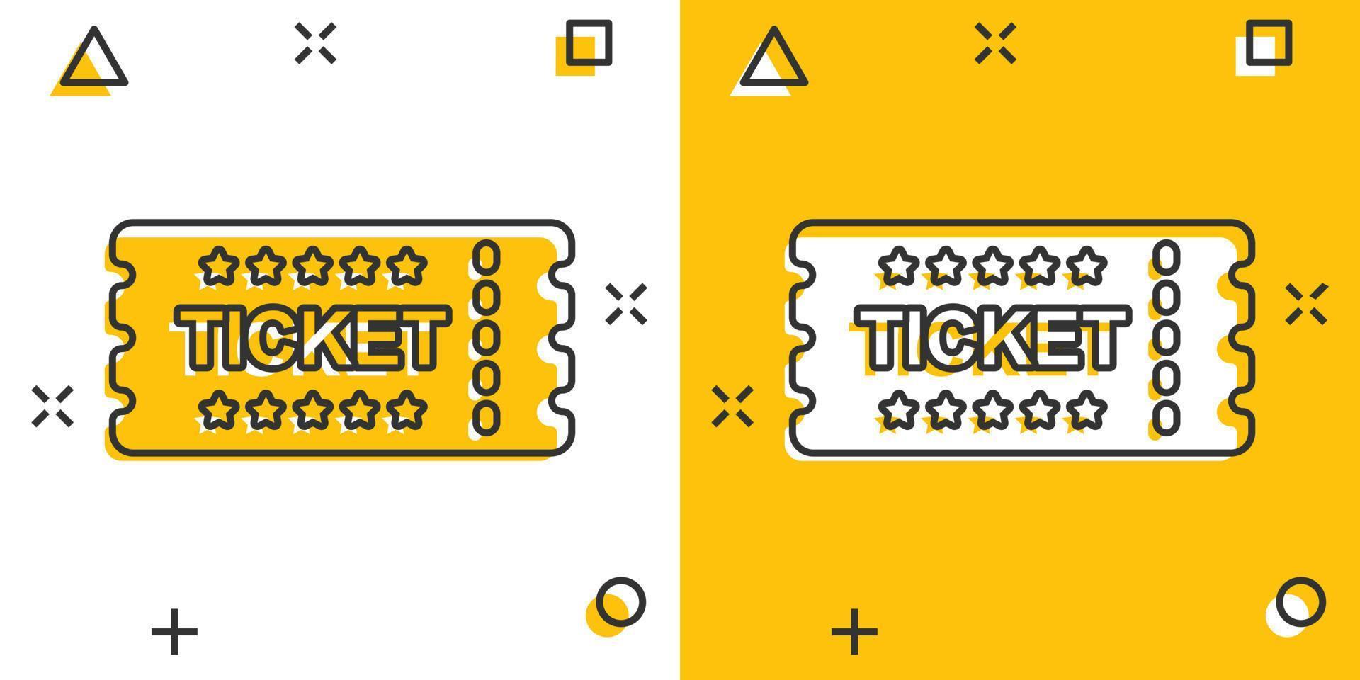 Cinema ticket icon in comic style. Admit one coupon entrance vector cartoon illustration pictogram. Ticket business concept splash effect.