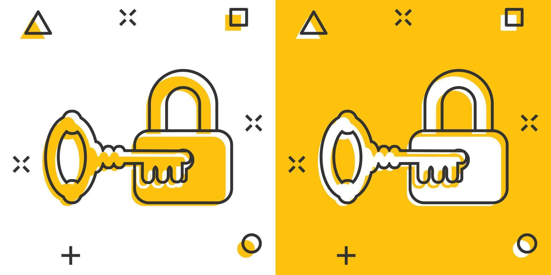 Key with padlock icon in comic style. Access login vector cartoon illustration pictogram. Lock keyhole business concept splash effect.