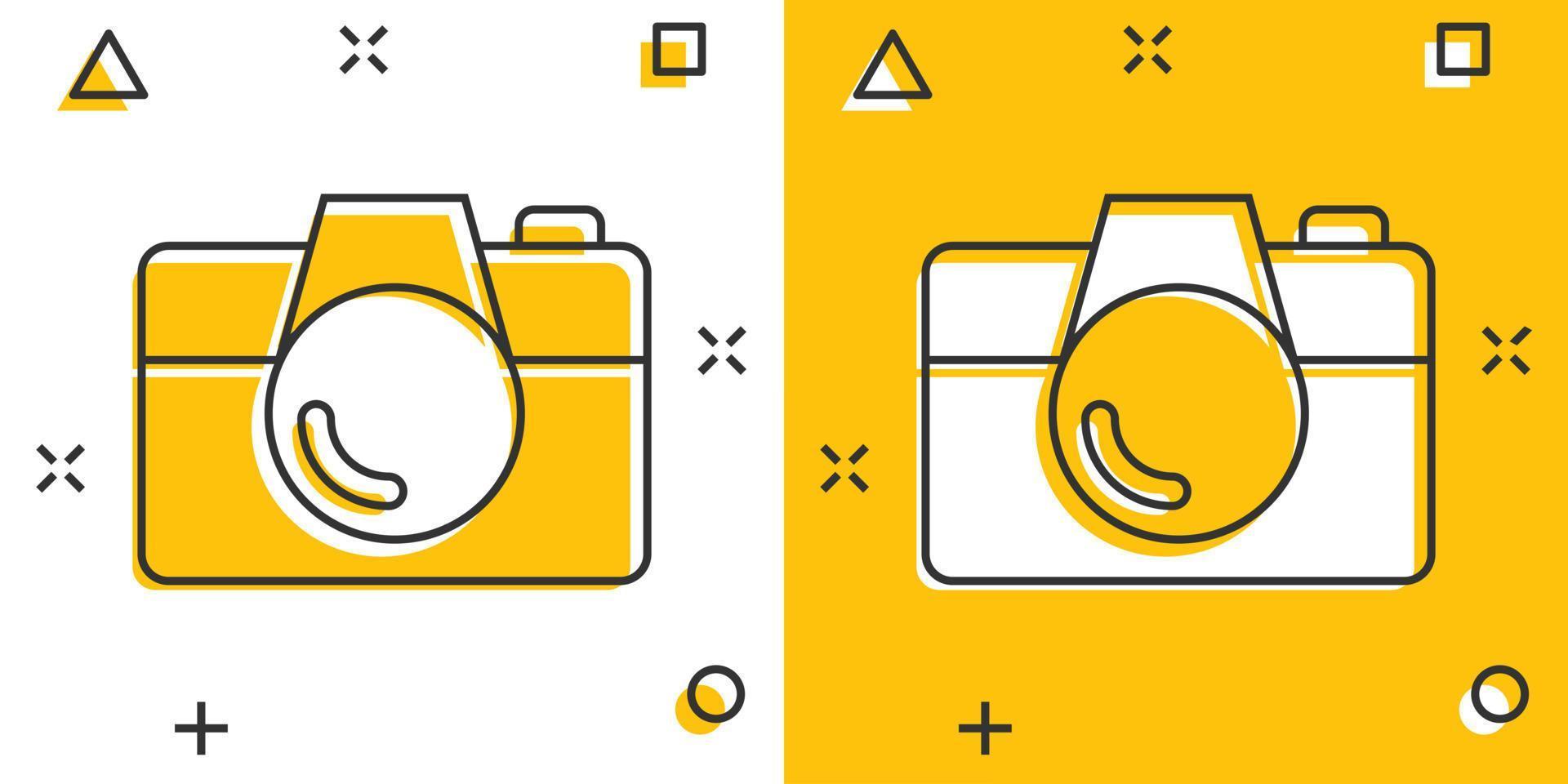 Camera device sign icon in comic style. Photography vector cartoon illustration on white isolated background. Cam equipment business concept splash effect.