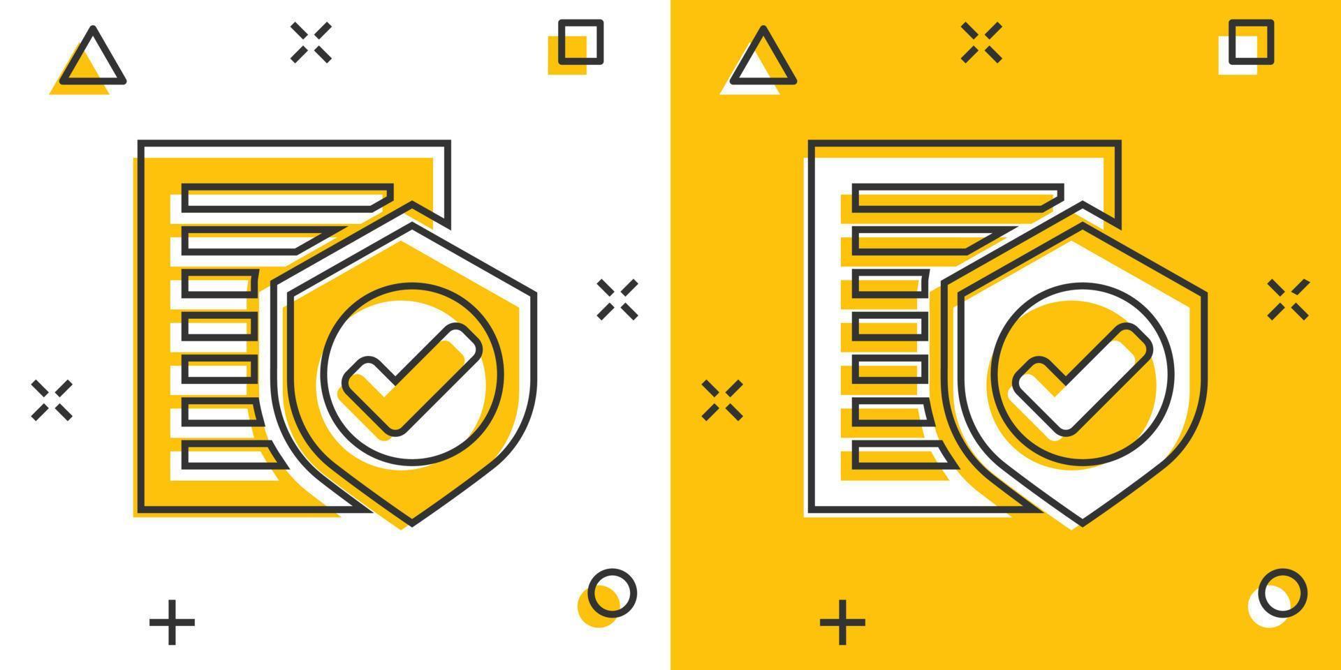 Insurance policy icon in comic style. Report vector cartoon illustration on white isolated background. Document business concept splash effect.