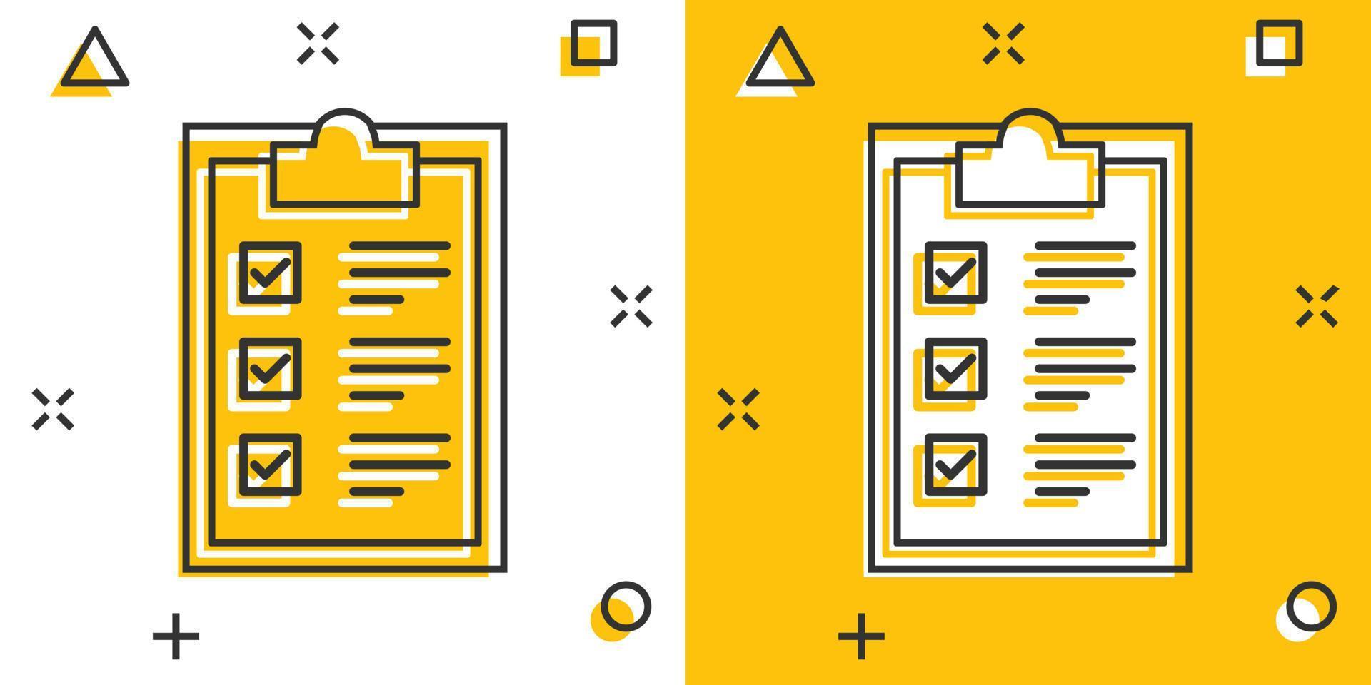 Checklist clipboard sign icon in comic style. Document list vector cartoon illustration on white isolated background. Questionnaire notepad business concept splash effect.