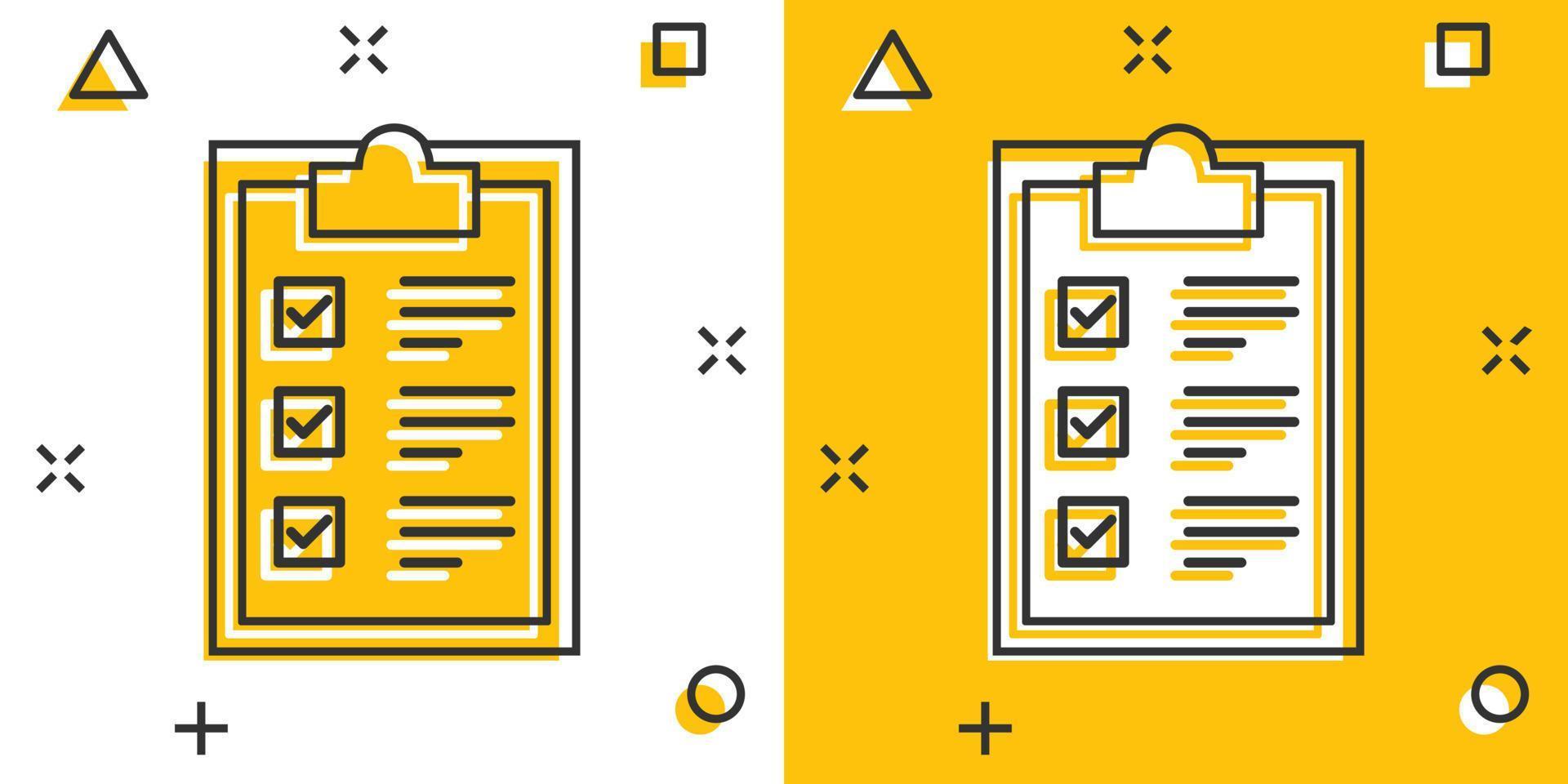 icono de signo de portapapeles de lista de verificación en estilo cómico. ilustración de dibujos animados de vector de lista de documentos sobre fondo blanco aislado. efecto de salpicadura de concepto de negocio de bloc de notas de cuestionario.