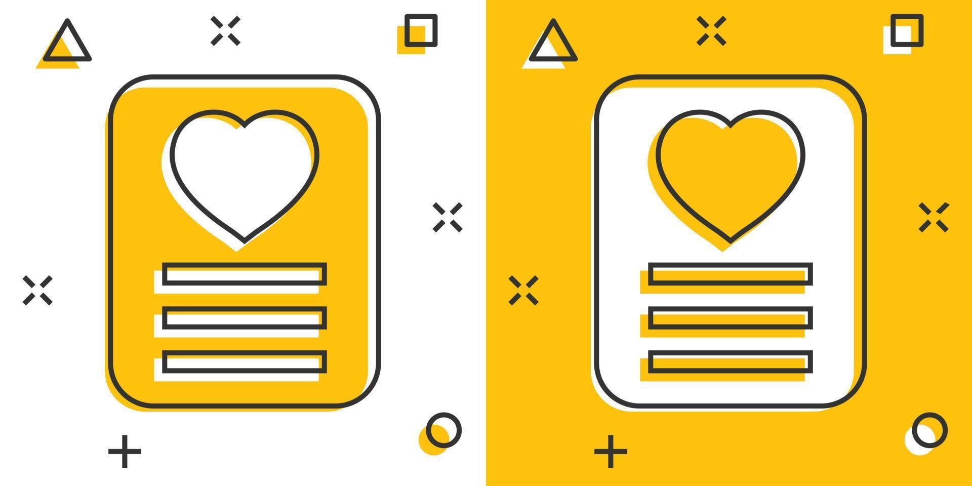Wishlist icon in comic style. Like document cartoon vector illustration on white isolated background. Favorite list splash effect business concept.
