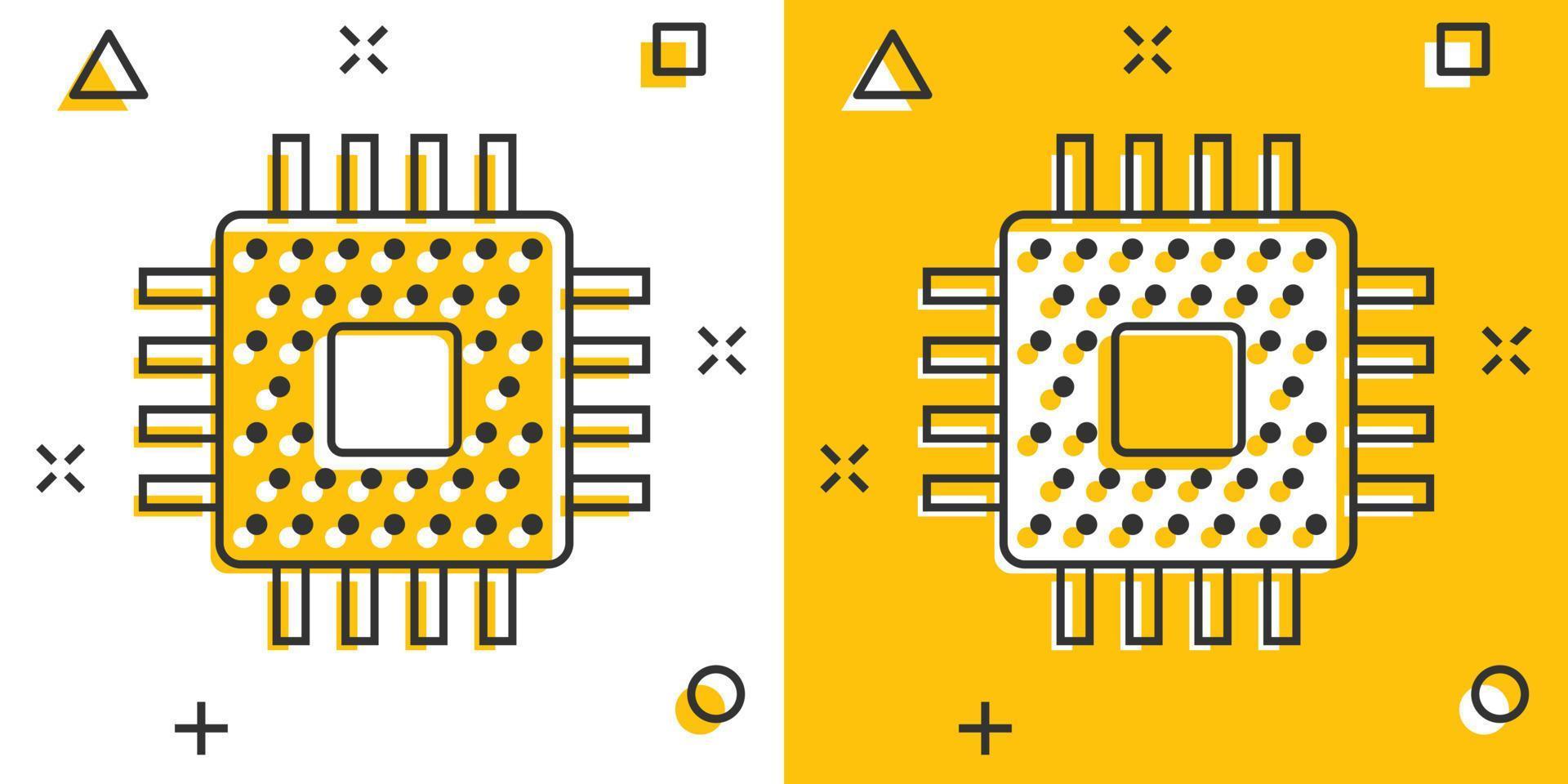 Computer cpu icon in comic style. Circuit board cartoon vector illustration on white isolated background. Motherboard chip splash effect business concept.