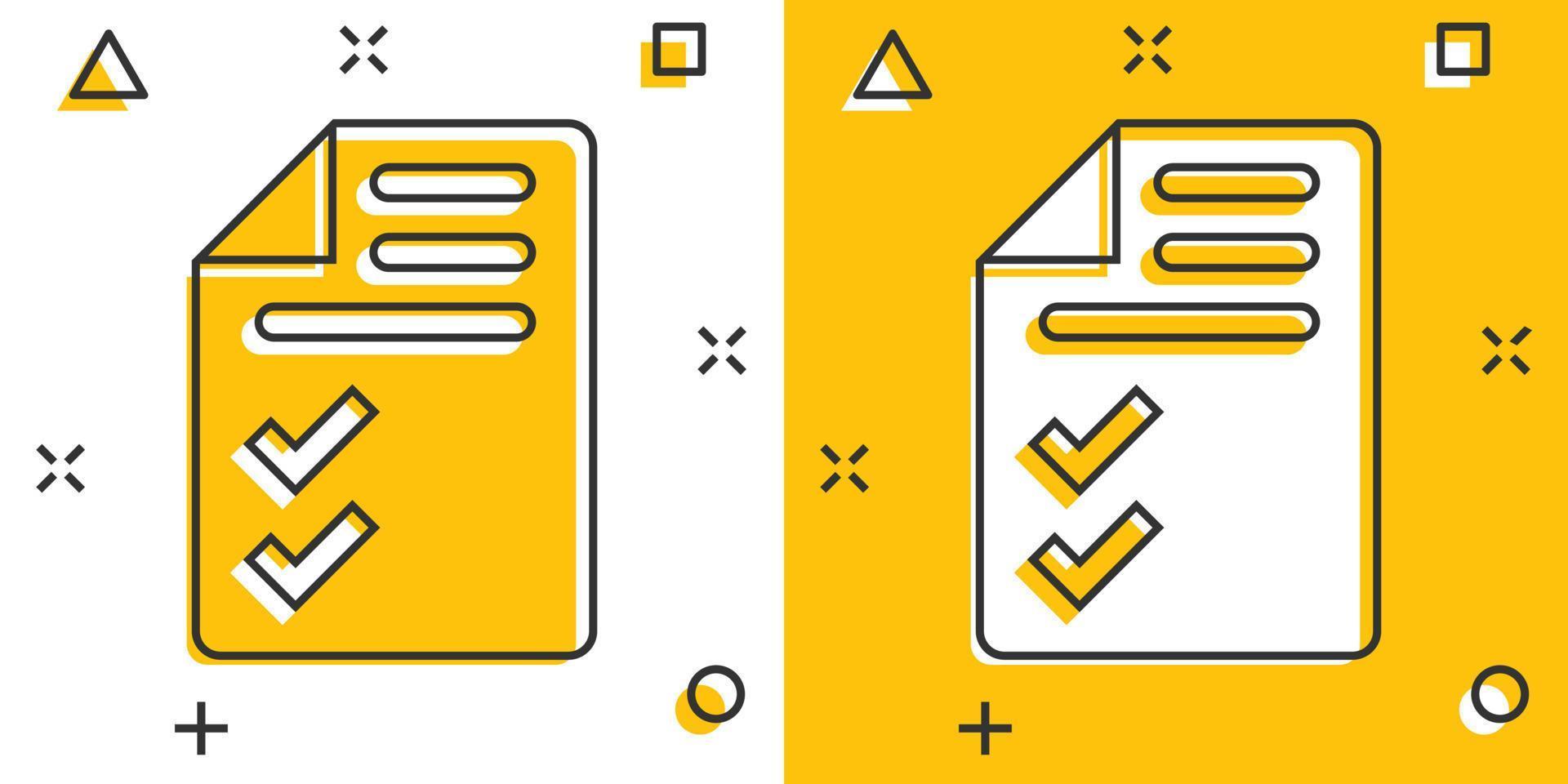 Document checklist icon in comic style. Report cartoon vector illustration on white isolated background. Paper sheet splash effect business concept.
