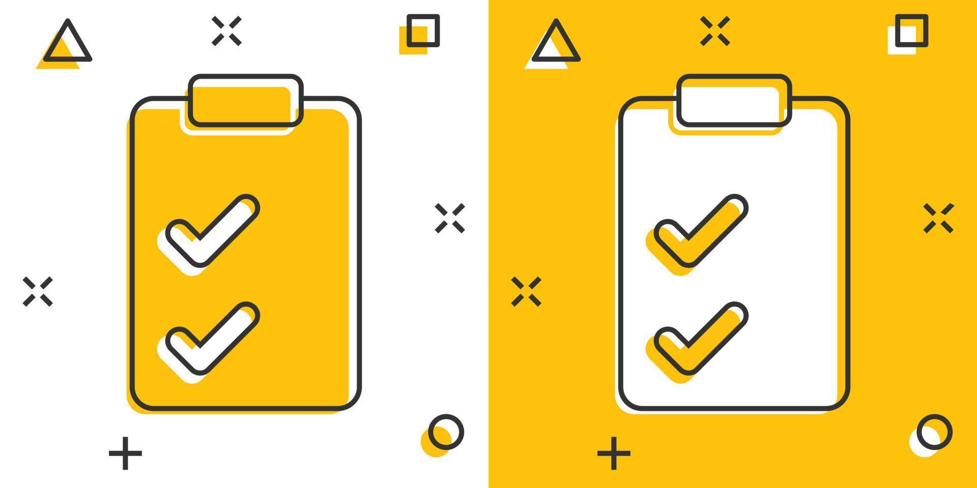 Document checklist icon in comic style. Report cartoon vector illustration on white isolated background. Paper sheet splash effect business concept.