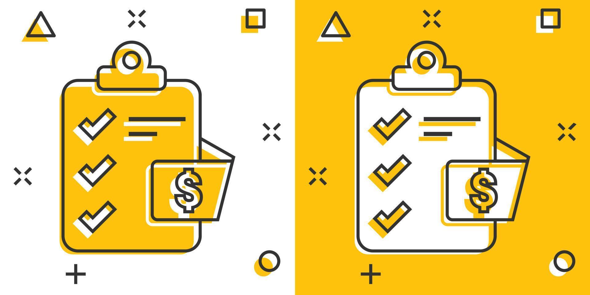 Document checklist icon in comic style. Report cartoon vector illustration on white isolated background. Paper sheet splash effect business concept.