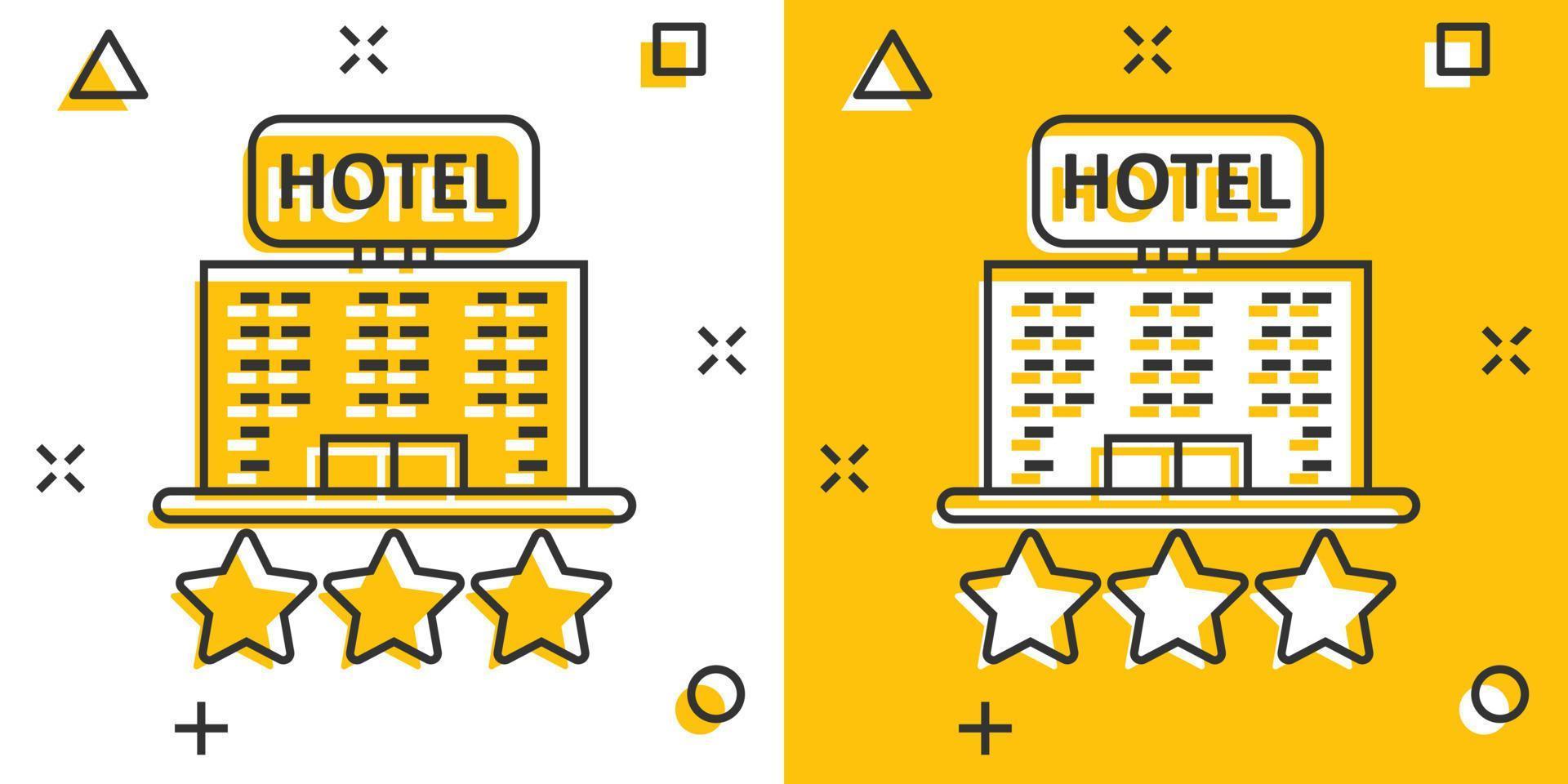 Hotel 3 stars sign icon in comic style. Inn building cartoon vector illustration on white isolated background. Hostel room splash effect business concept.