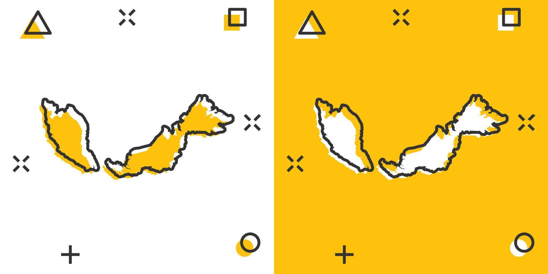 icono de mapa de malasia de dibujos animados vectoriales en estilo cómico. Pictograma de ilustración de signo de Malasia. concepto de efecto de salpicadura de negocio de mapa de cartografía. vector