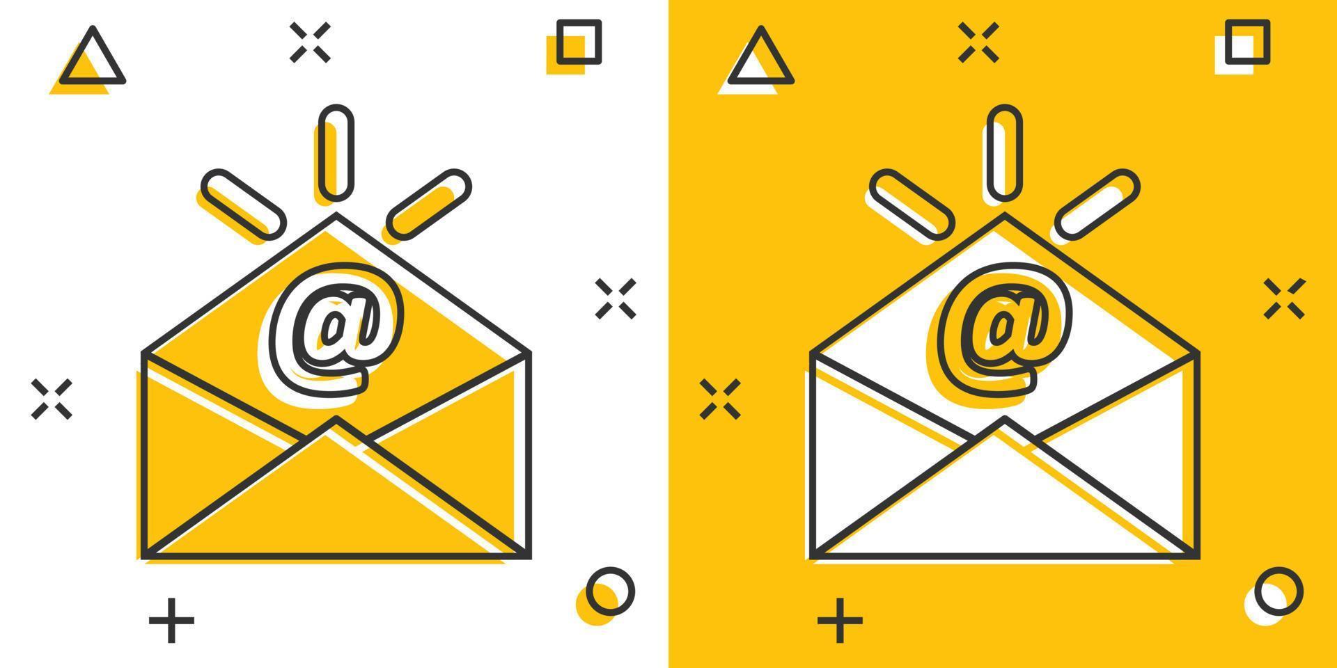 icono de mensaje de correo electrónico en estilo cómico. ilustración de vector de dibujos animados de documento de correo sobre fondo blanco aislado. concepto de negocio de efecto de salpicadura de correspondencia de mensajes.