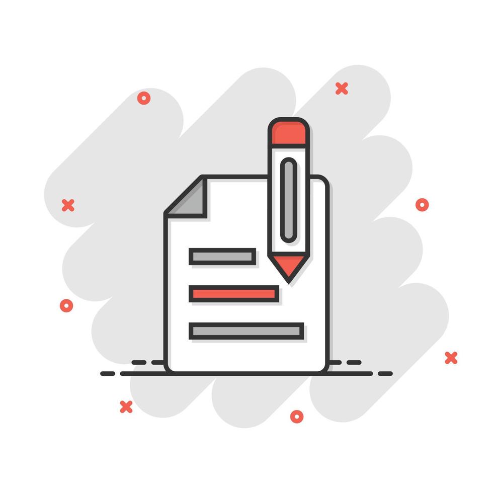 icono de blogs en estilo cómico. documento con ilustración de vector de dibujos animados de pluma sobre fondo blanco aislado. concepto de negocio de efecto de salpicadura de contenido.