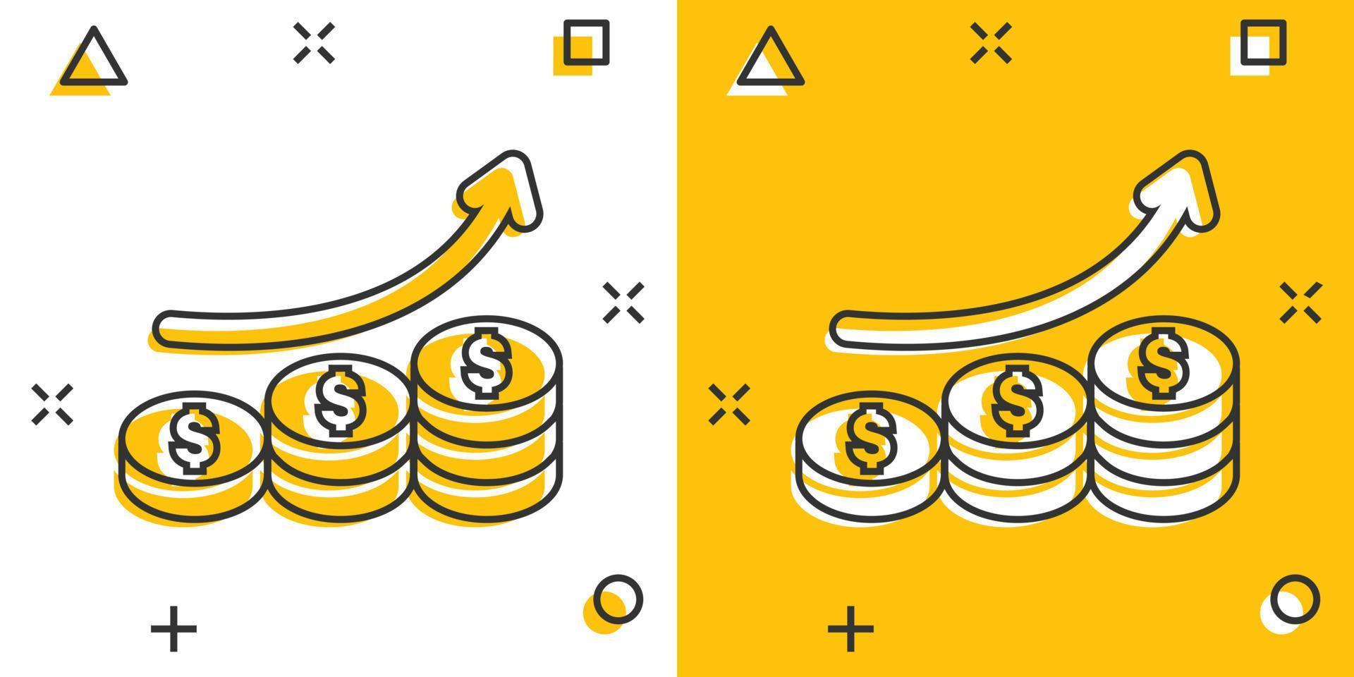 Income rate increase icon in comic style. Finance performance cartoon vector illustration on white isolated background. Coin with growth arrow splash effect business concept.