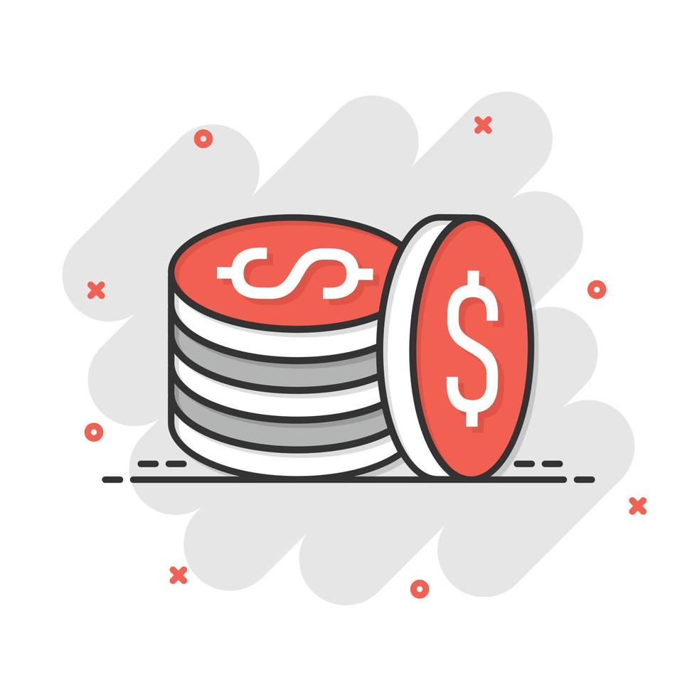 Coins stack icon in comic style. Dollar coin cartoon vector illustration on white isolated background. Money stacked splash effect business concept.