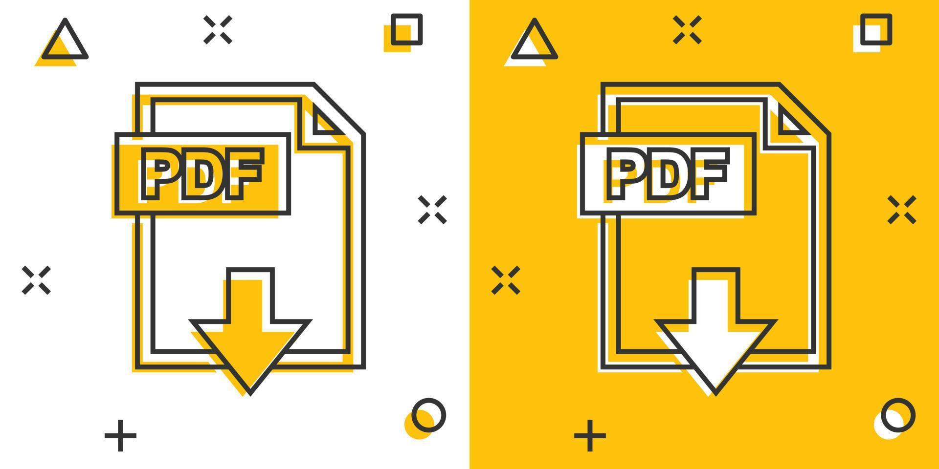 Cartoon PDF icon in comic style. Document illustration pictogram. File sign splash business concept. vector