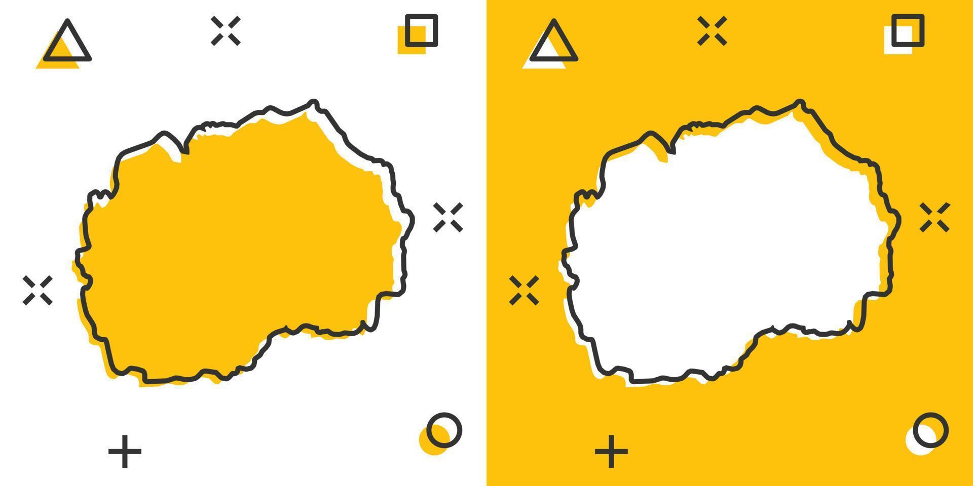 caricatura vectorial república de macedonia mapa icono en estilo cómico. pictograma de ilustración de signo de macedonia. concepto de efecto de salpicadura de negocio de mapa de cartografía. vector