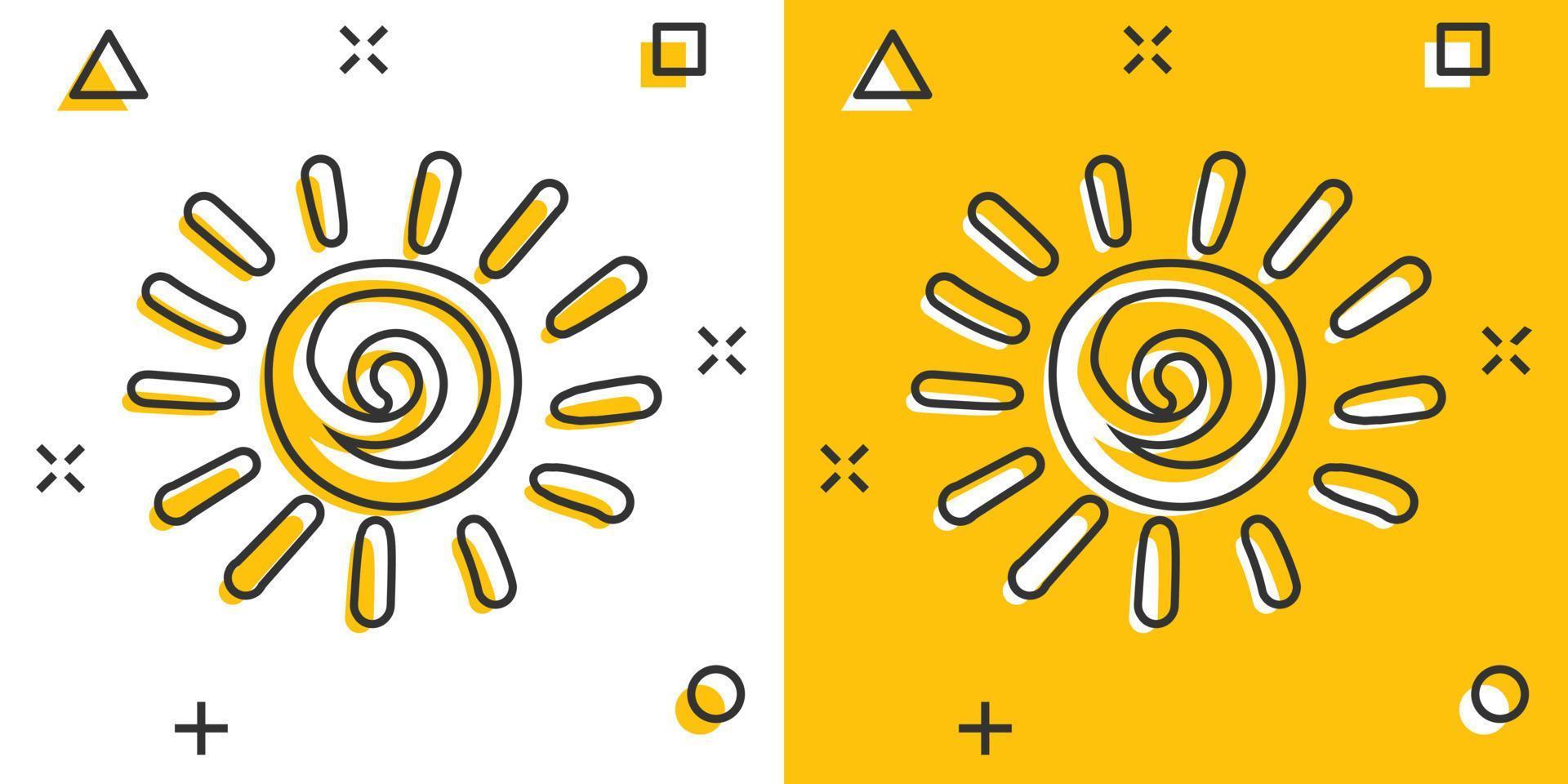 Vector cartoon hand drawn sun icon in comic style. Sun sketch doodle illustration pictogram. Handdrawn sunshine business splash effect concept.