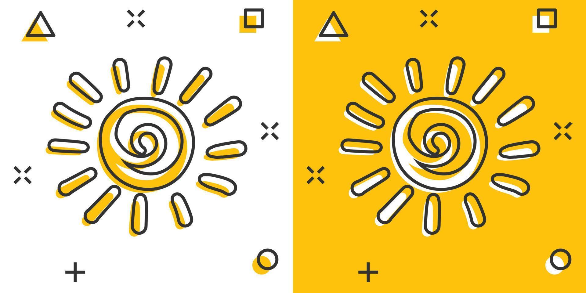 Vector cartoon hand drawn sun icon in comic style. Sun sketch doodle illustration pictogram. Handdrawn sunshine business splash effect concept.