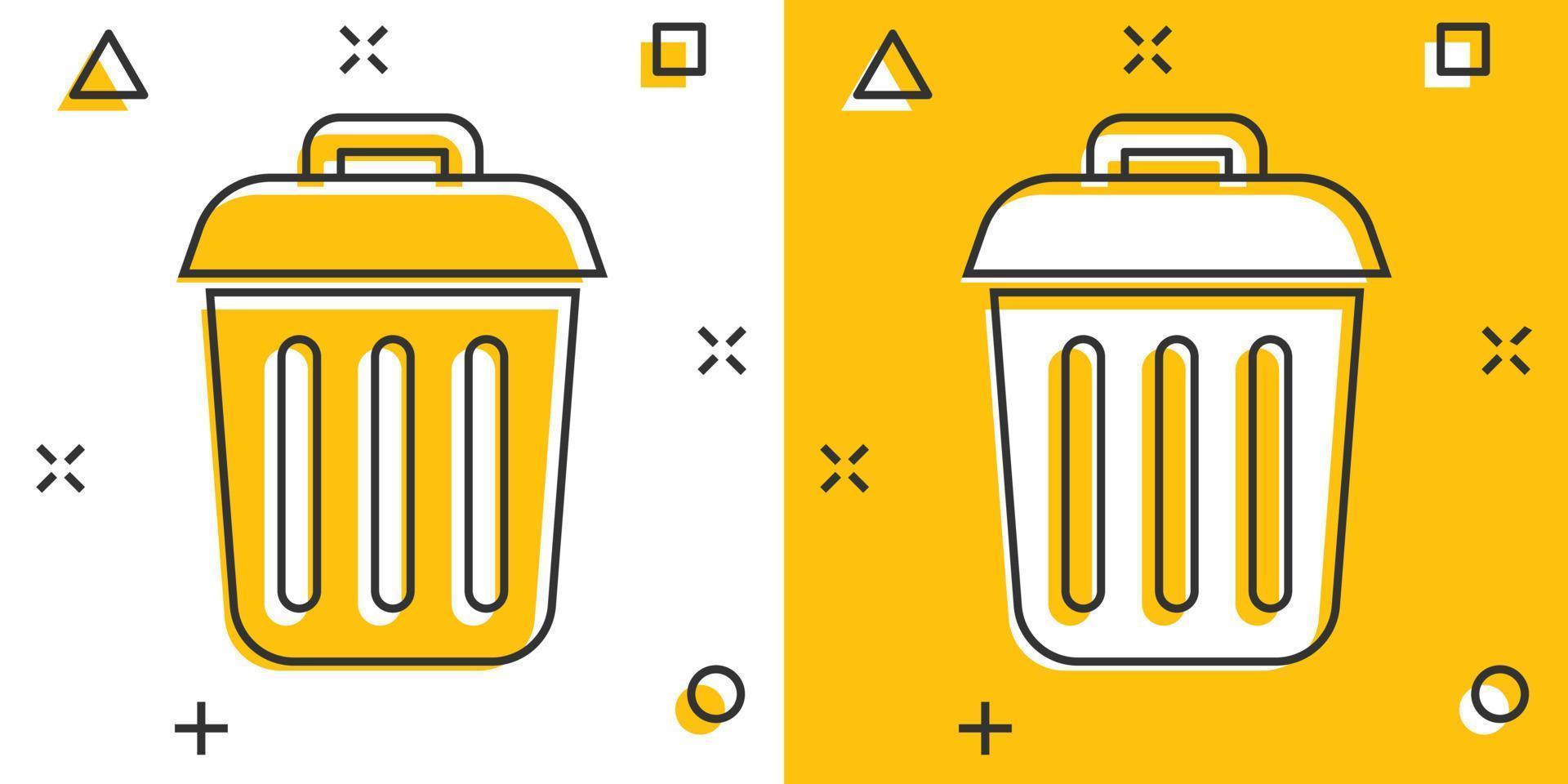 Trash bin garbage icon in comic style. Trash bucket vector cartoon illustration pictogram. Garbage basket business concept splash effect.