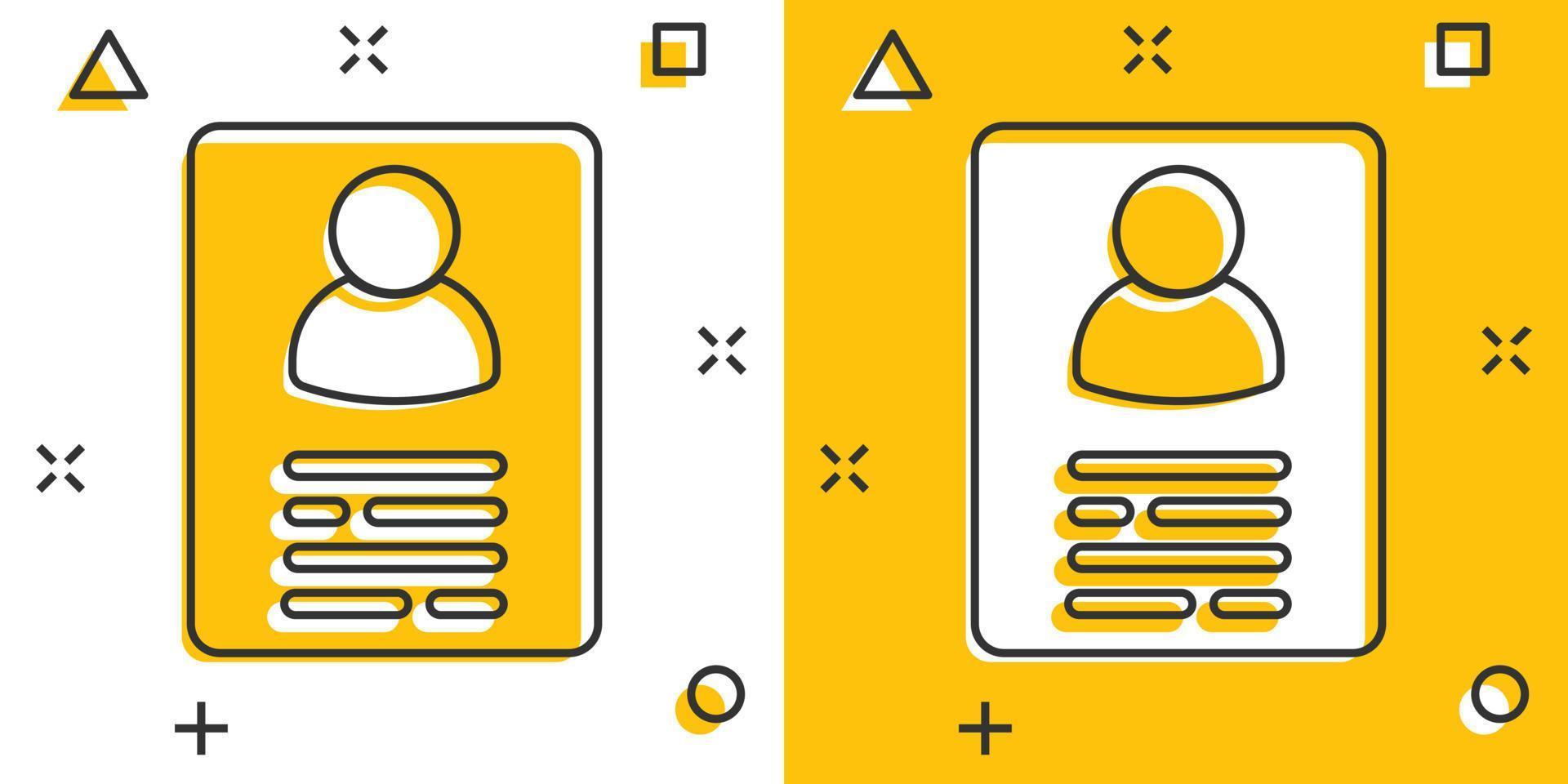 Resume icon in comic style. Contract document vector cartoon illustration pictogram. Resume business concept splash effect.