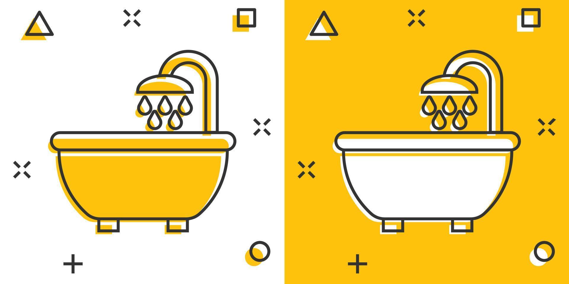 Bath shower icon in comic style. Bathroom hygiene vector cartoon illustration pictogram. Bath spa business concept splash effect.