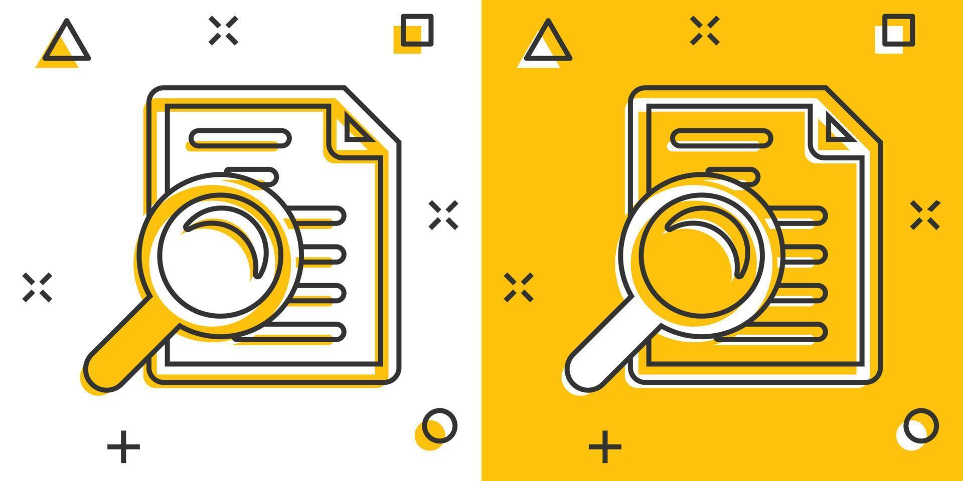 Scrutiny document plan icon in comic style. Review statement vector cartoon illustration pictogram. Document with magnifier loupe business concept splash effect.