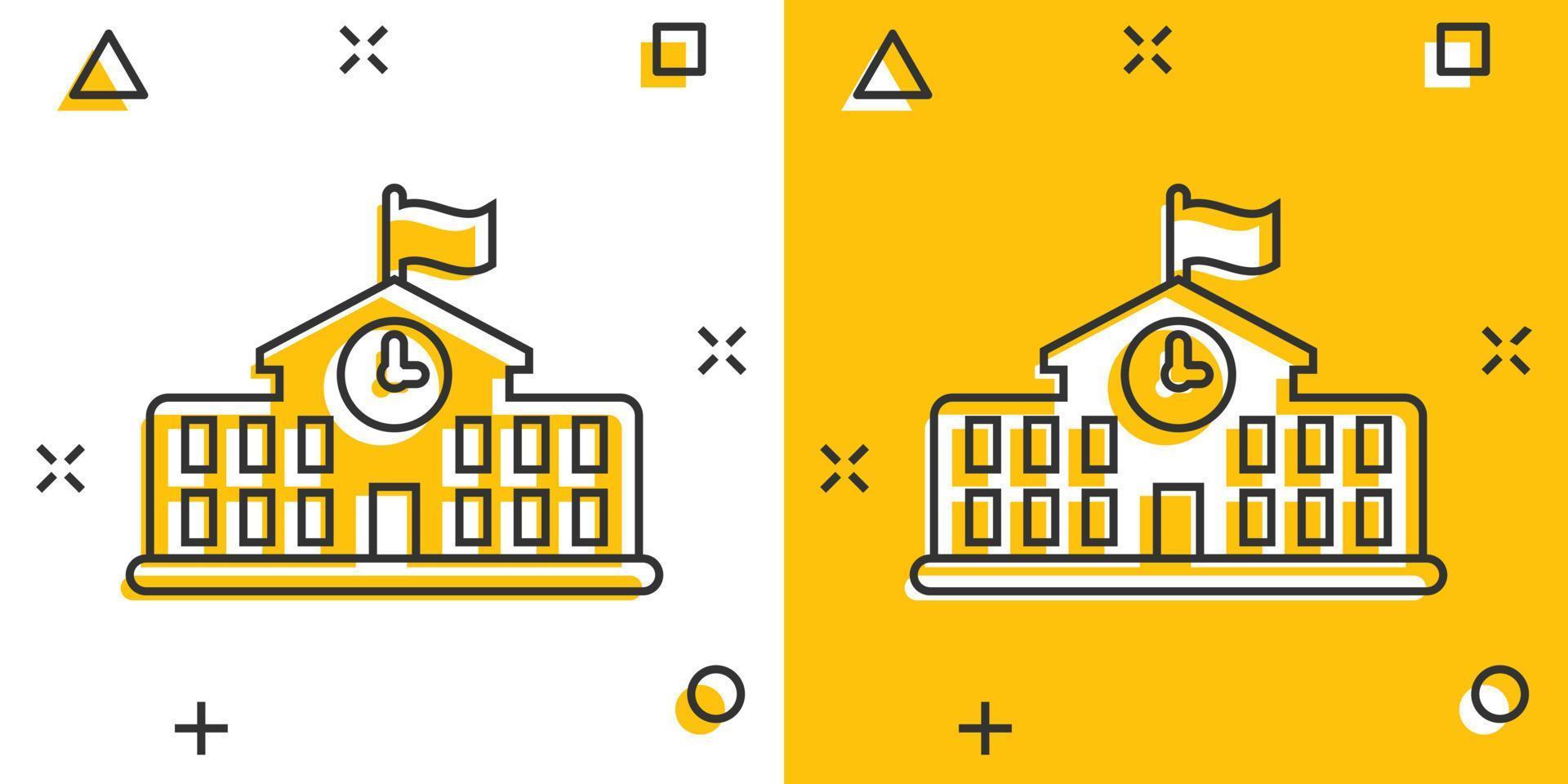 School building icon in comic style. College education vector cartoon illustration pictogram. Bank, government business concept splash effect.