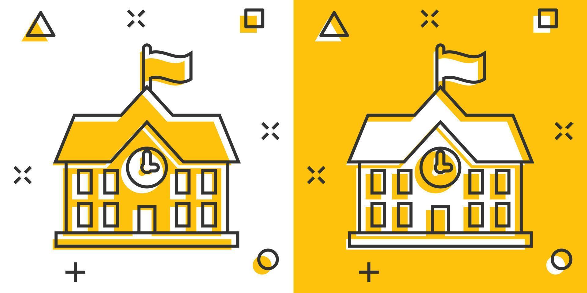 icono de edificio escolar en estilo cómico. pictograma de ilustración de dibujos animados de vector de educación universitaria. banco, efecto de salpicadura del concepto de negocio del gobierno.