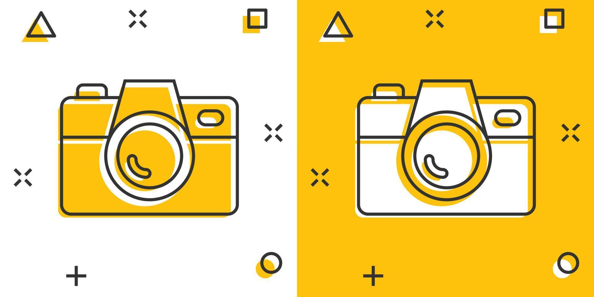 Camera device sign icon in comic style. Photography vector cartoon illustration on white isolated background. Cam equipment business concept splash effect.