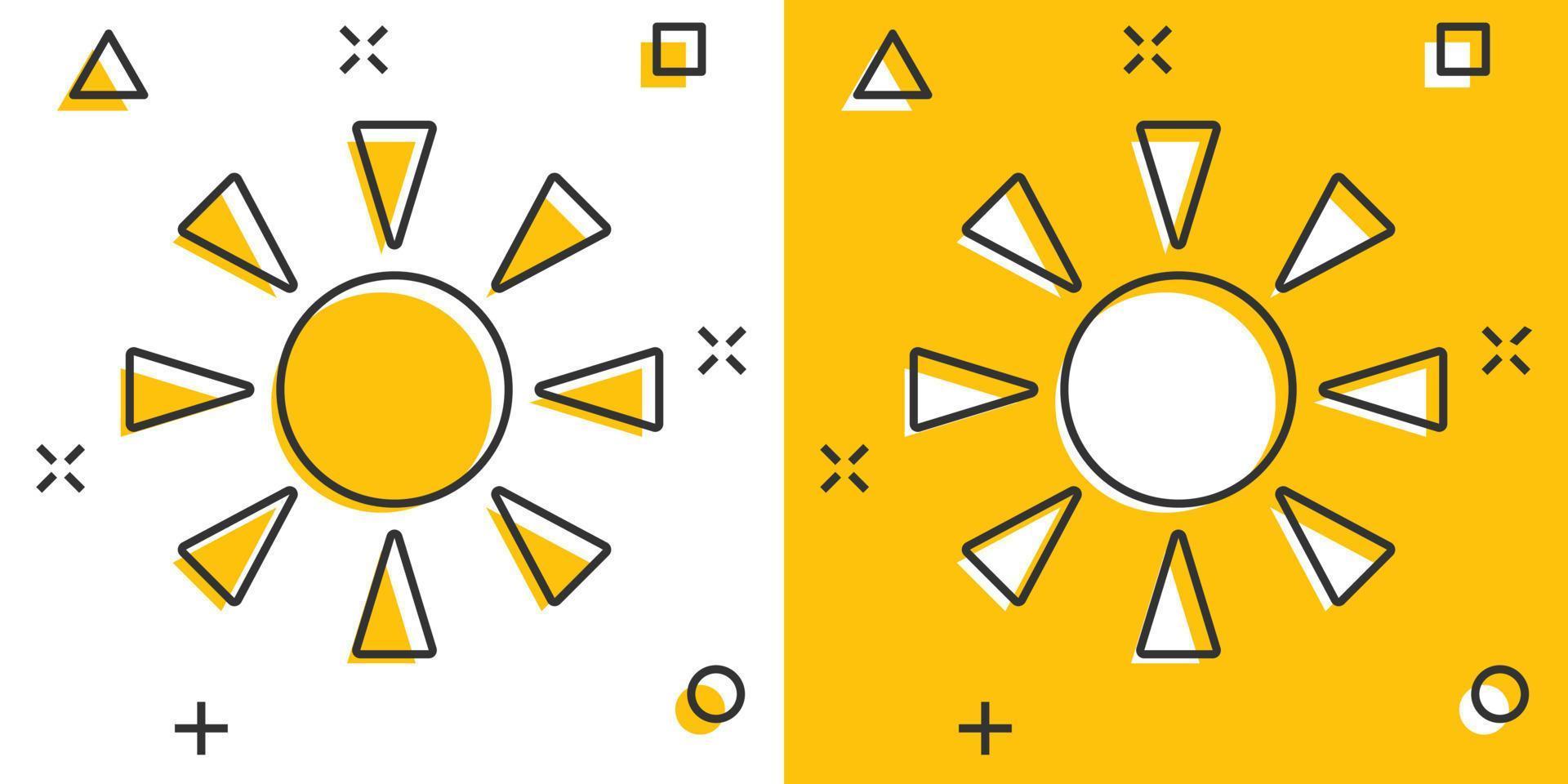 icono de sol en estilo cómico. ilustración de vector de signo de dibujos animados de luz solar sobre fondo blanco aislado. concepto de negocio de efecto de salpicadura de luz diurna.