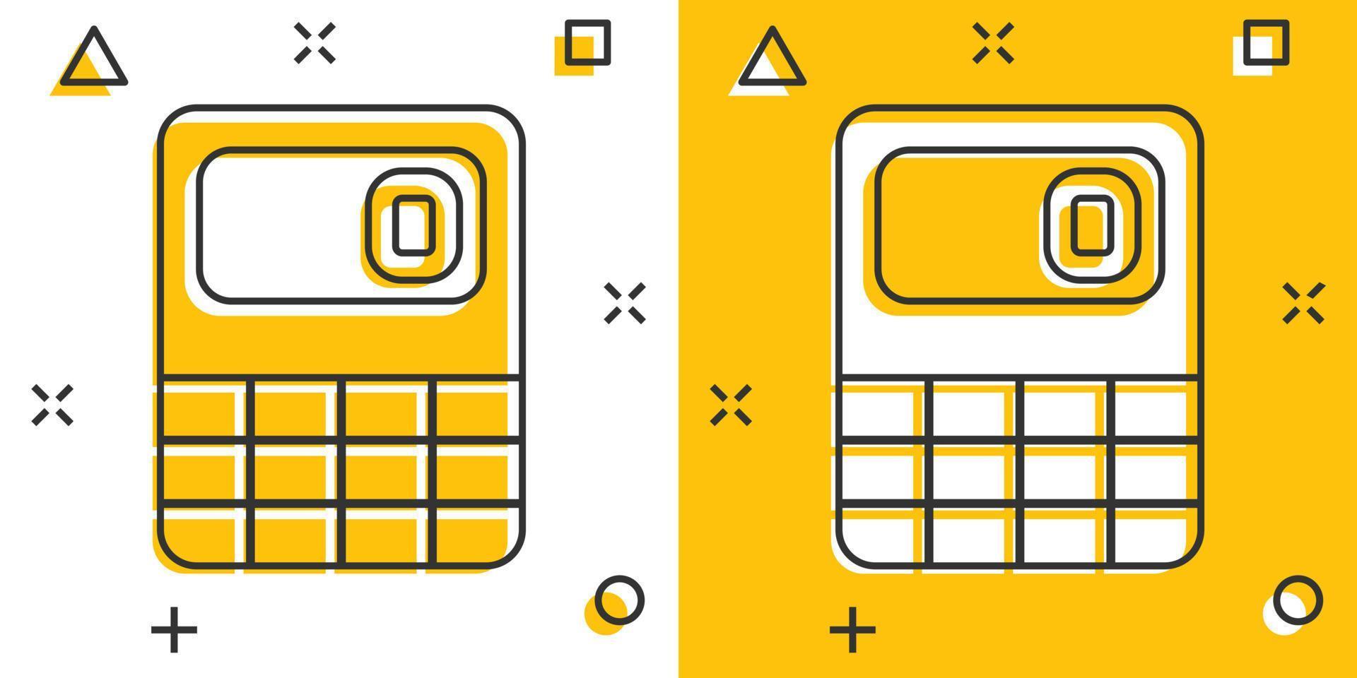 Calculator icon in comic style. Calculate cartoon vector illustration on white isolated background. Calculation splash effect business concept.