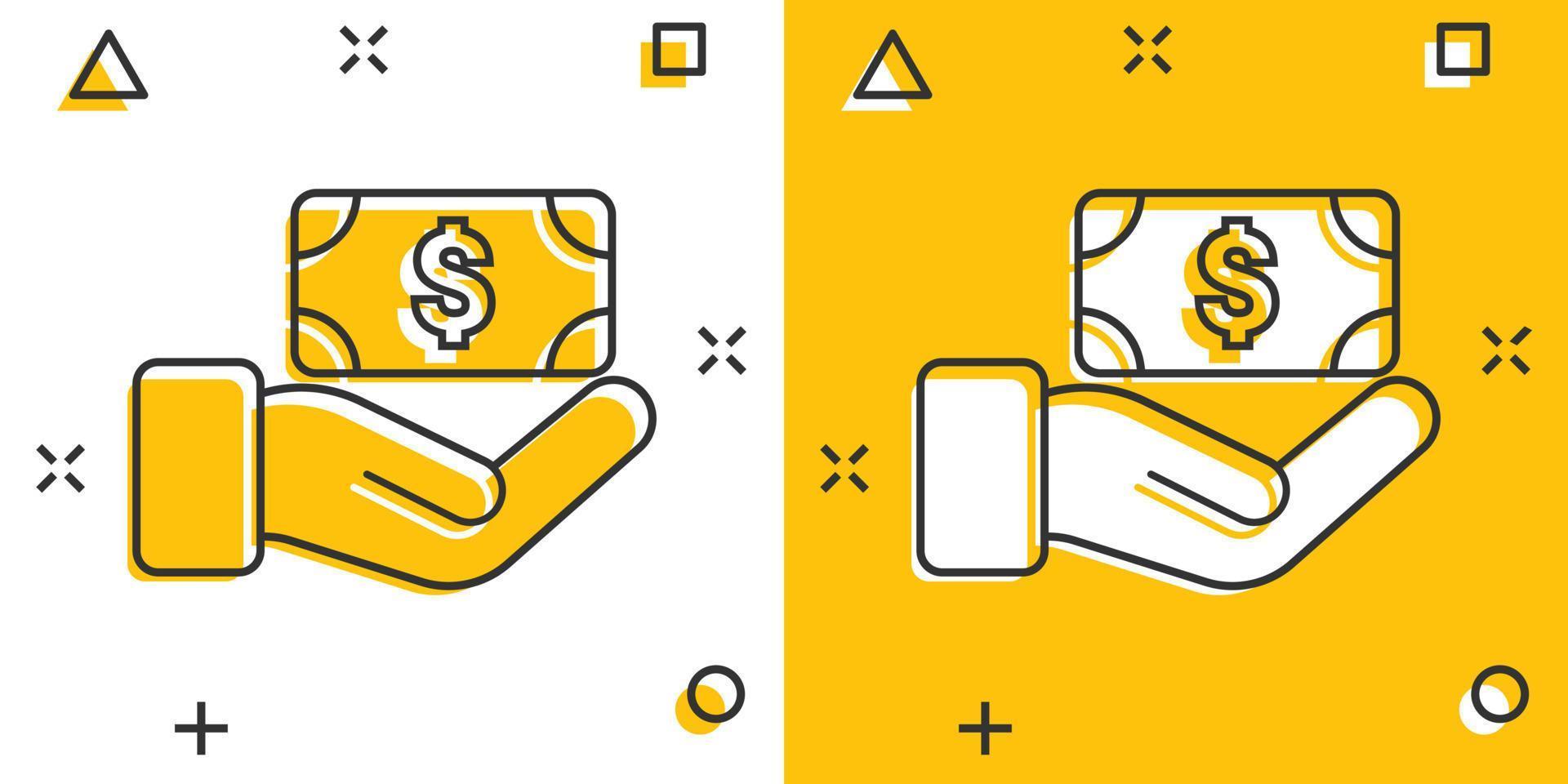 icono de remuneración en estilo cómico. dinero en la mano ilustración vectorial de dibujos animados sobre fondo blanco aislado. concepto de negocio de efecto de salpicadura de nómina de billetes. vector