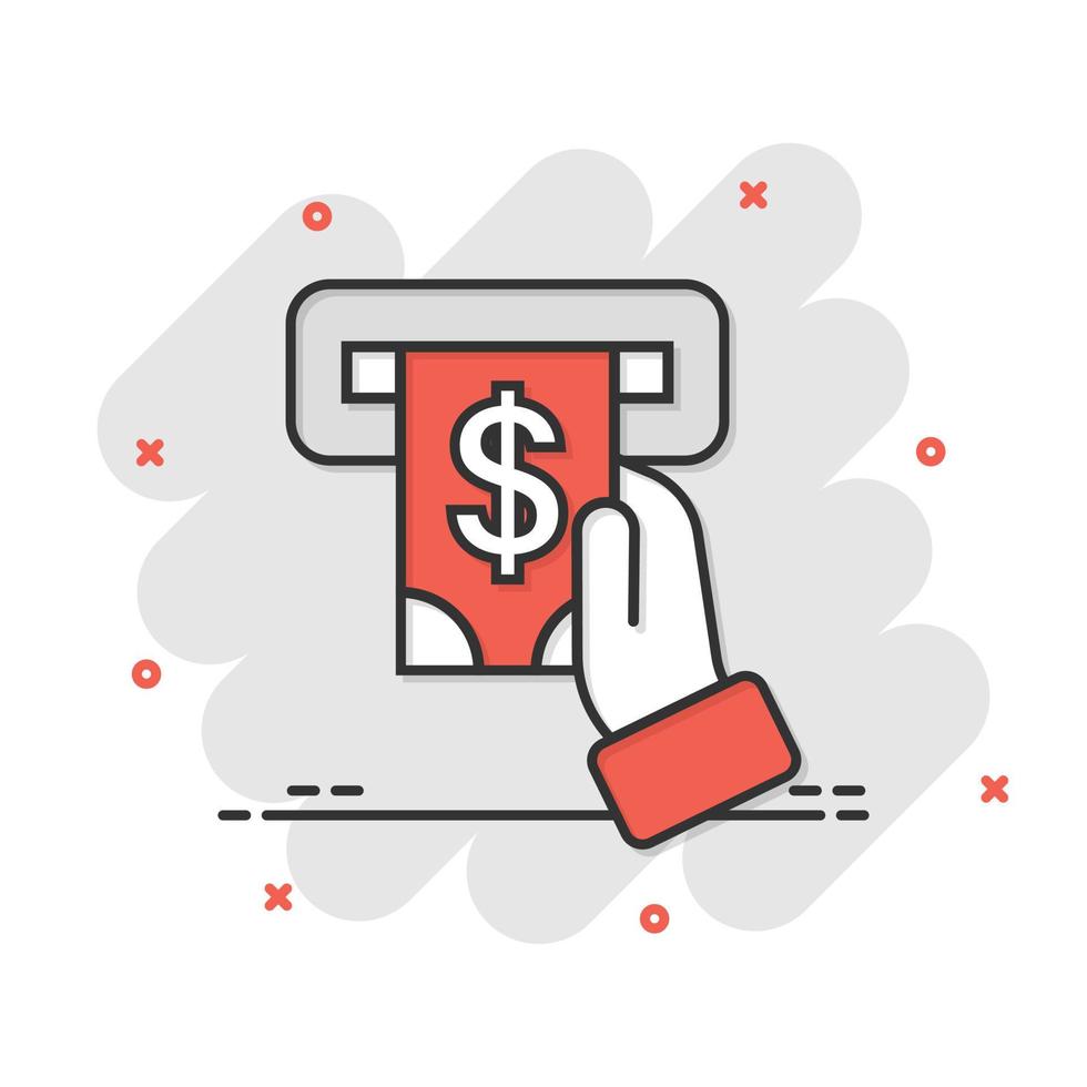 icono de cajero automático de dinero en estilo cómico. intercambiar ilustración vectorial de dibujos animados en efectivo sobre fondo blanco aislado. concepto de negocio de efecto de salpicadura de billete de banco. vector