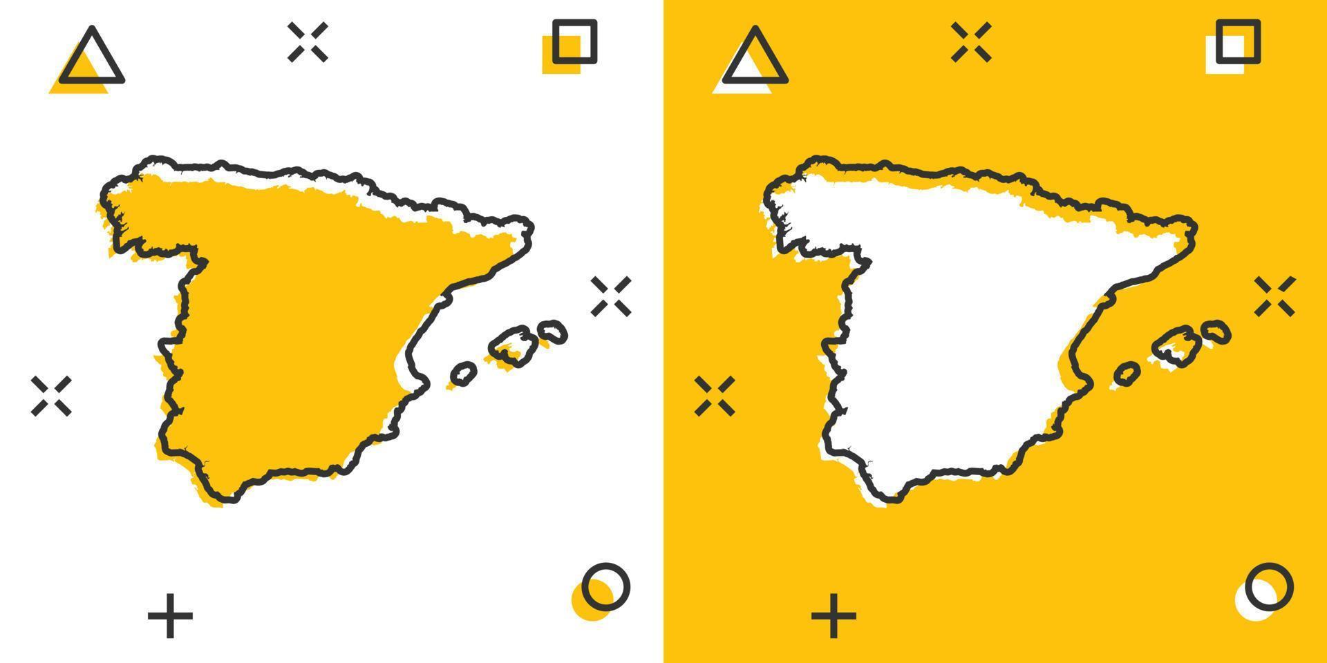 Vector cartoon Spain map icon in comic style. Spain sign illustration pictogram. Cartography map business splash effect concept.