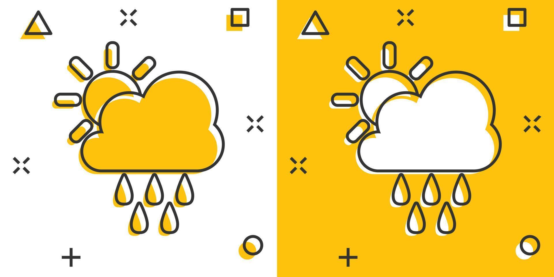 icono de pronóstico del tiempo de dibujos animados vectoriales en estilo cómico. sol con pictograma de ilustración de concepto de nubes. nube con concepto de efecto de salpicadura de negocio de lluvia. vector