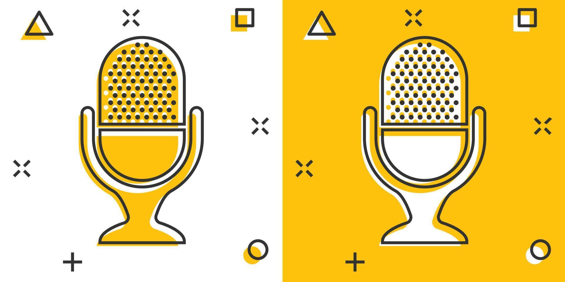 Microphone icon in comic style. Mic broadcast vector cartoon illustration pictogram. Microphone mike speech business concept splash effect.