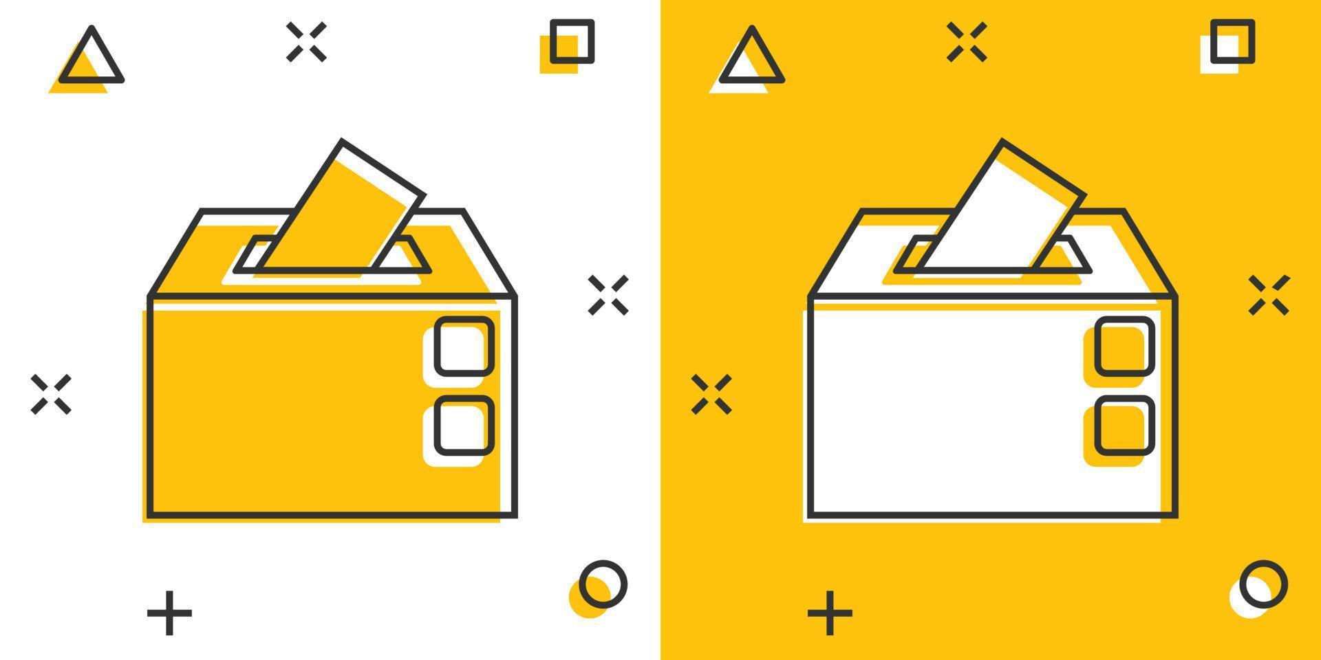 icono de caja de votantes electorales en estilo cómico. pictograma de ilustración de dibujos animados de vector de sugerencia de boleta. efecto de salpicadura de concepto de negocio de voto electoral.