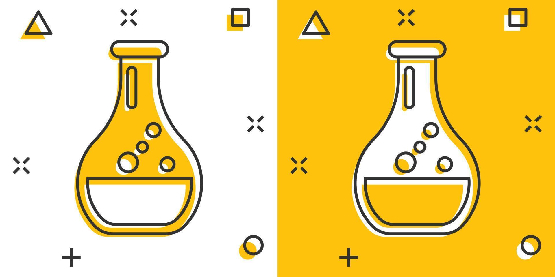 Chemistry beakers sign icon in comic style. Flask test tube vector cartoon illustration on white isolated background. Alchemy business concept splash effect.