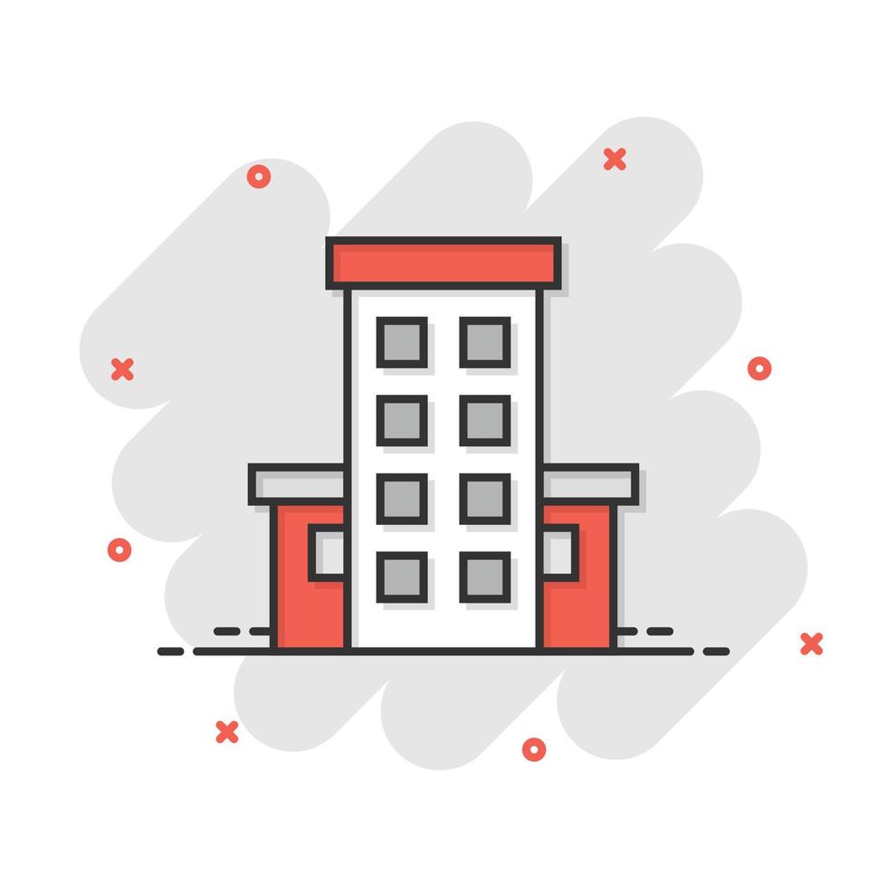 Building icon in comic style. Town skyscraper apartment cartoon vector illustration on white isolated background. City tower splash effect business concept.