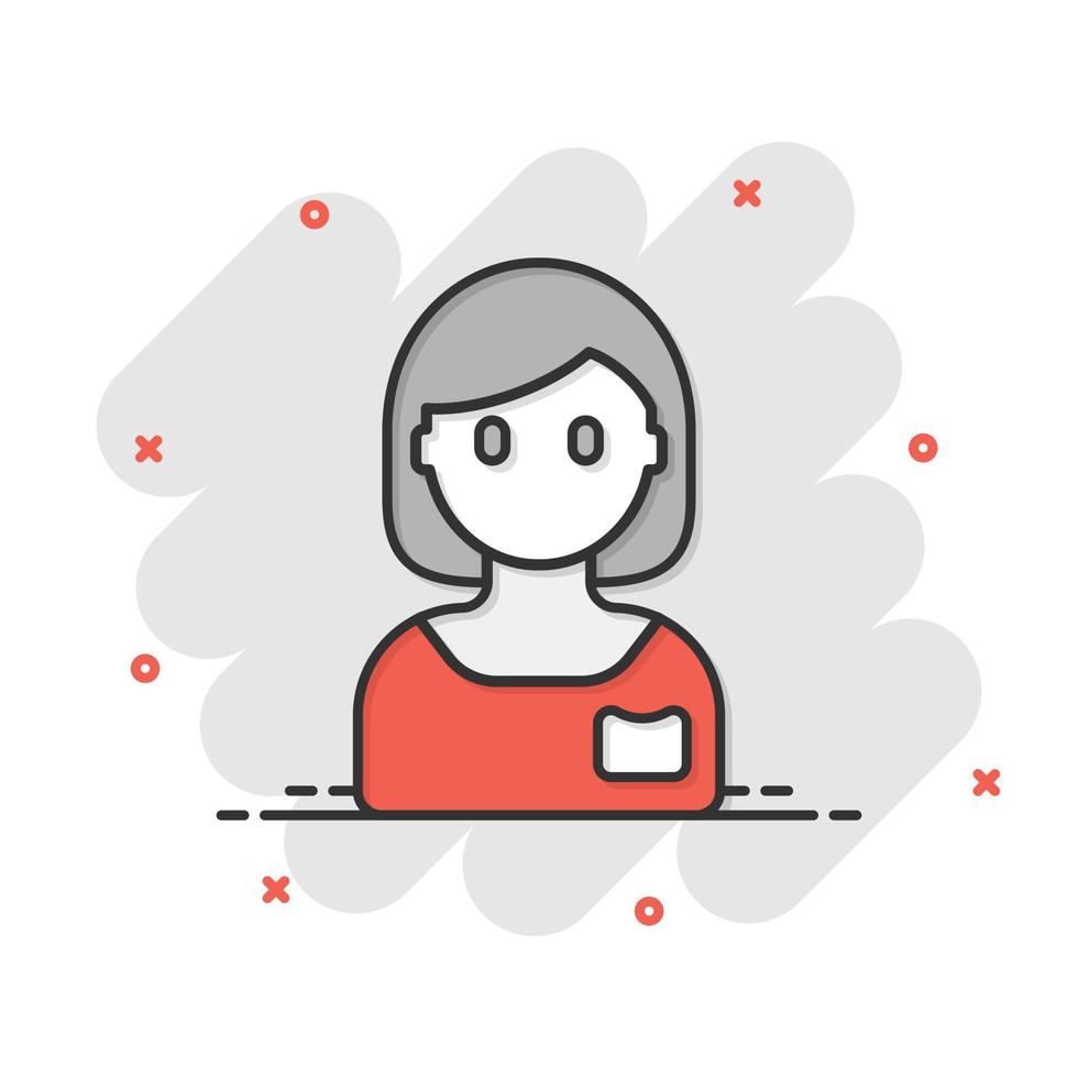 icono de cara de mujer en estilo cómico. ilustración vectorial de dibujos animados de personas sobre fondo blanco. concepto de negocio de efecto de salpicadura de asociación. vector