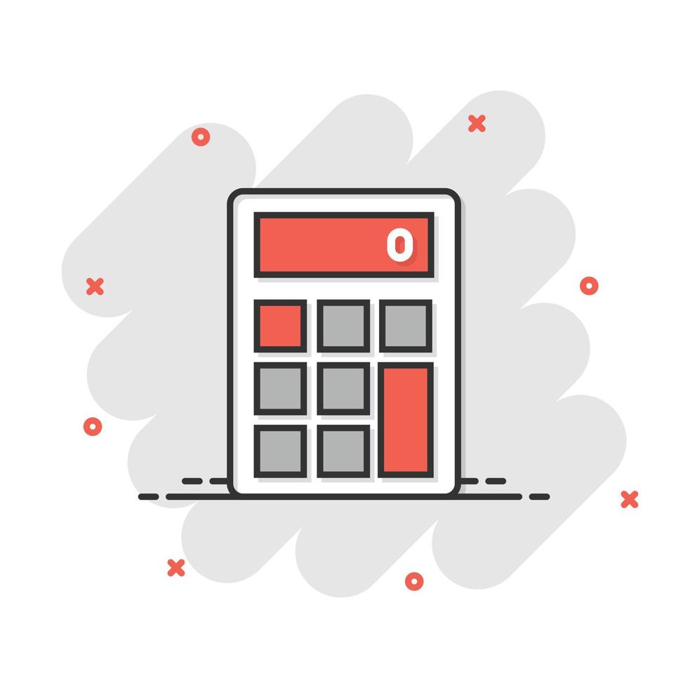 Calculator icon in comic style. Calculate cartoon vector illustration on white isolated background. Calculation splash effect business concept.