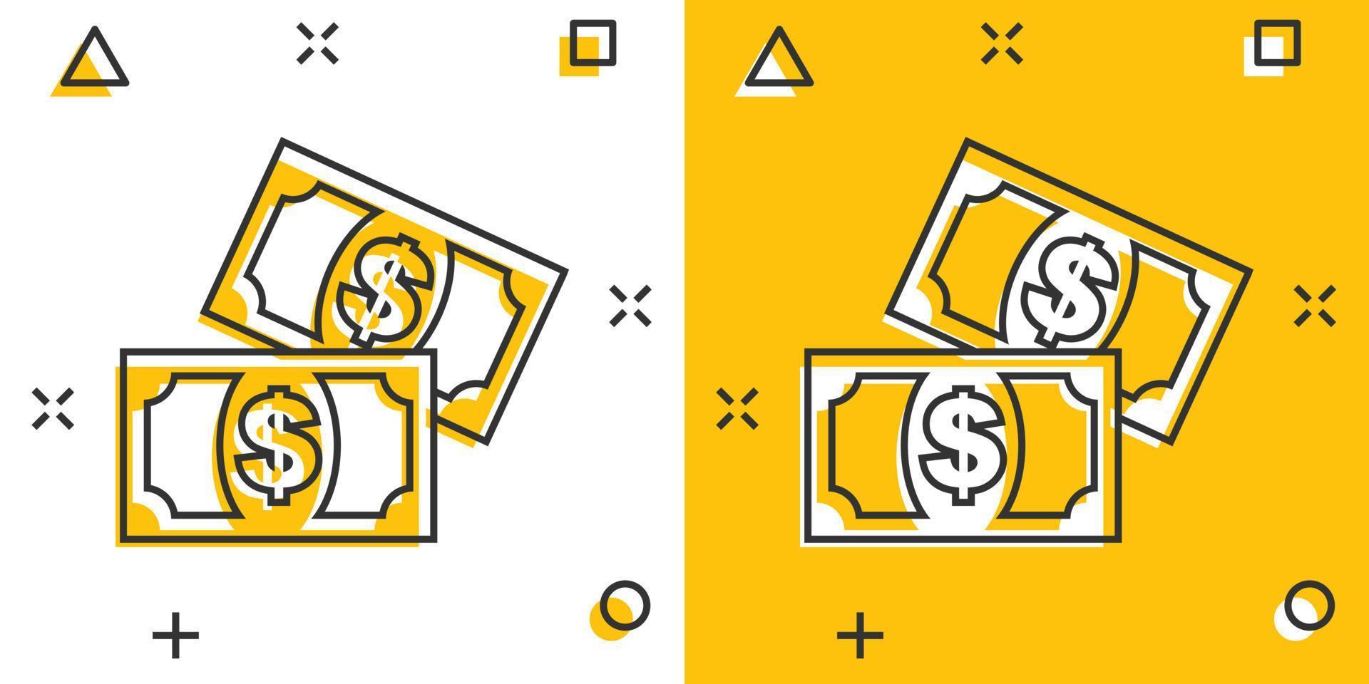 icono de dinero de dibujos animados en estilo cómico. pictograma de ilustración de signo de dinero de dólar. concepto de negocio de salpicaduras de monedas. vector