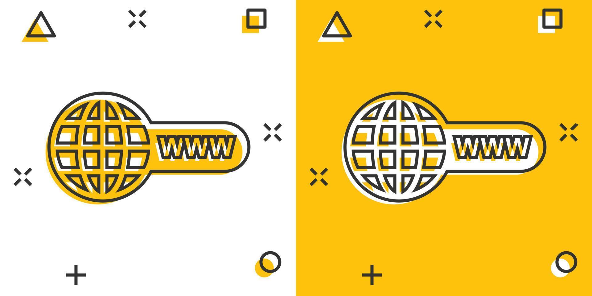 dibujos animados vectoriales ir al icono web en estilo cómico. Pictograma de ilustración de signo de mundo de globo. concepto de efecto de salpicadura de negocio de url www. vector