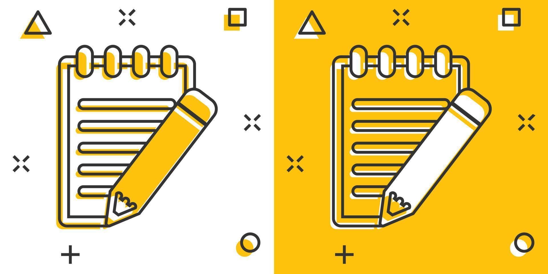 Vector cartoon document with pencil icon in comic style. Note with pen sign illustration pictogram. Notebook business splash effect concept.