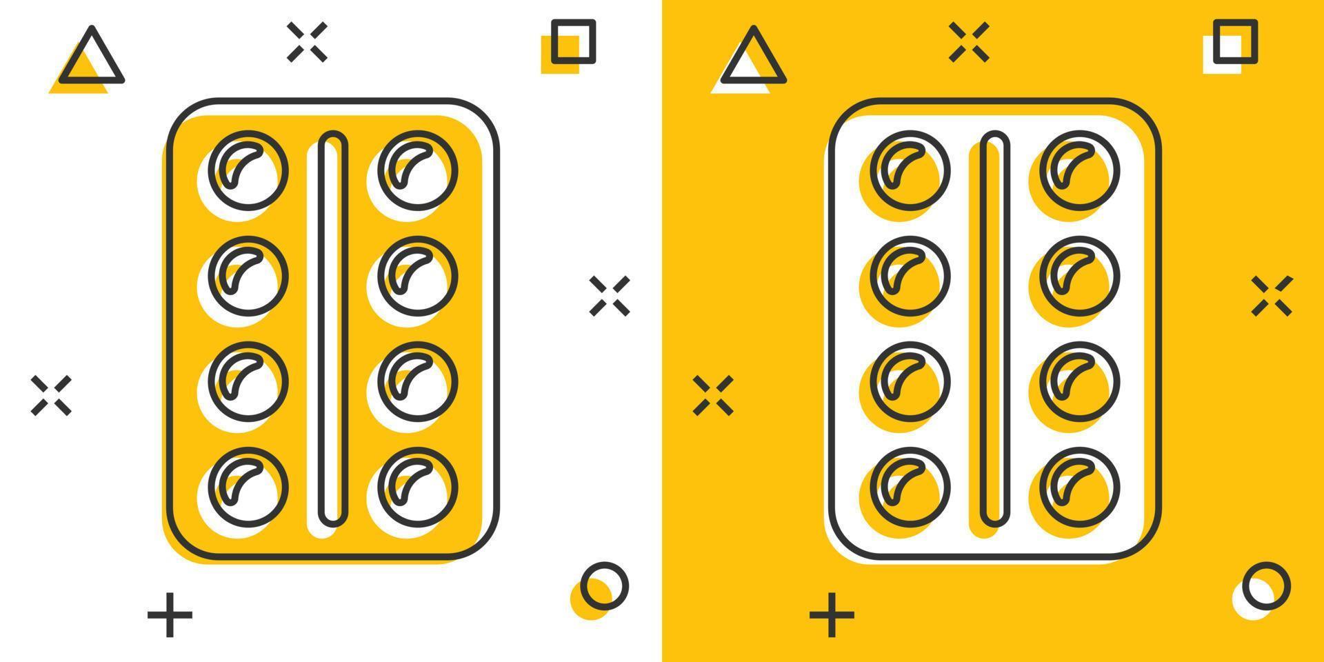 icono de píldora de dibujos animados de vector en estilo cómico. pictograma de ilustración de concepto de tableta. concepto de efecto de salpicadura de negocio médico de cápsula.